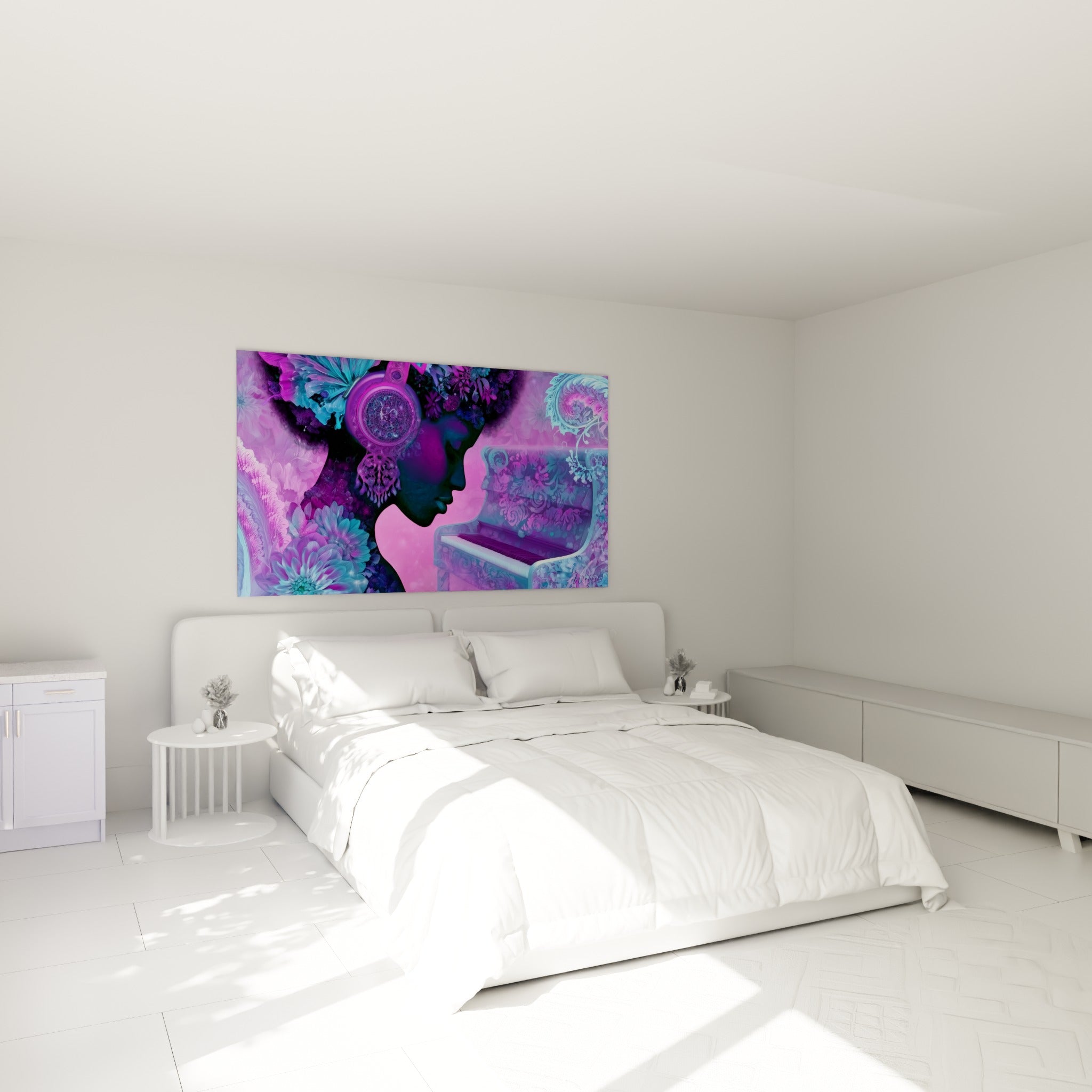 Profil fleuri en violet et magenta près d'un piano transparent, au-dessus d'un lit dans une chambre claire