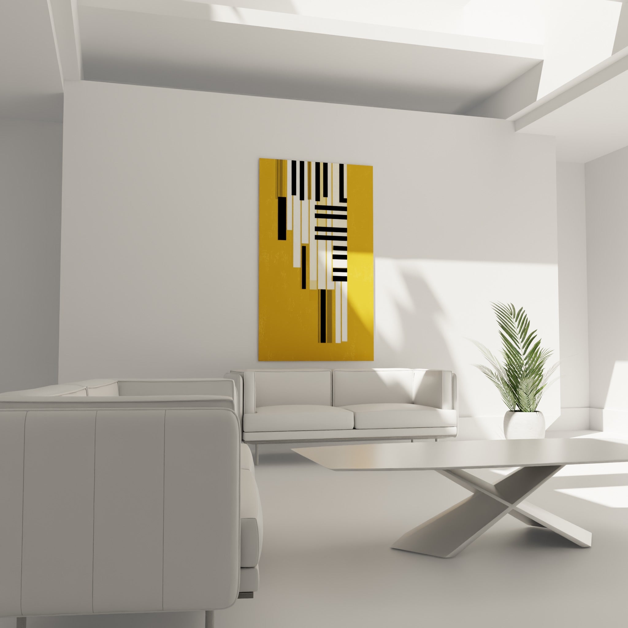Bandes verticales noires et blanches figurant la musique au-dessus d'un canapé dans un salon lumineux