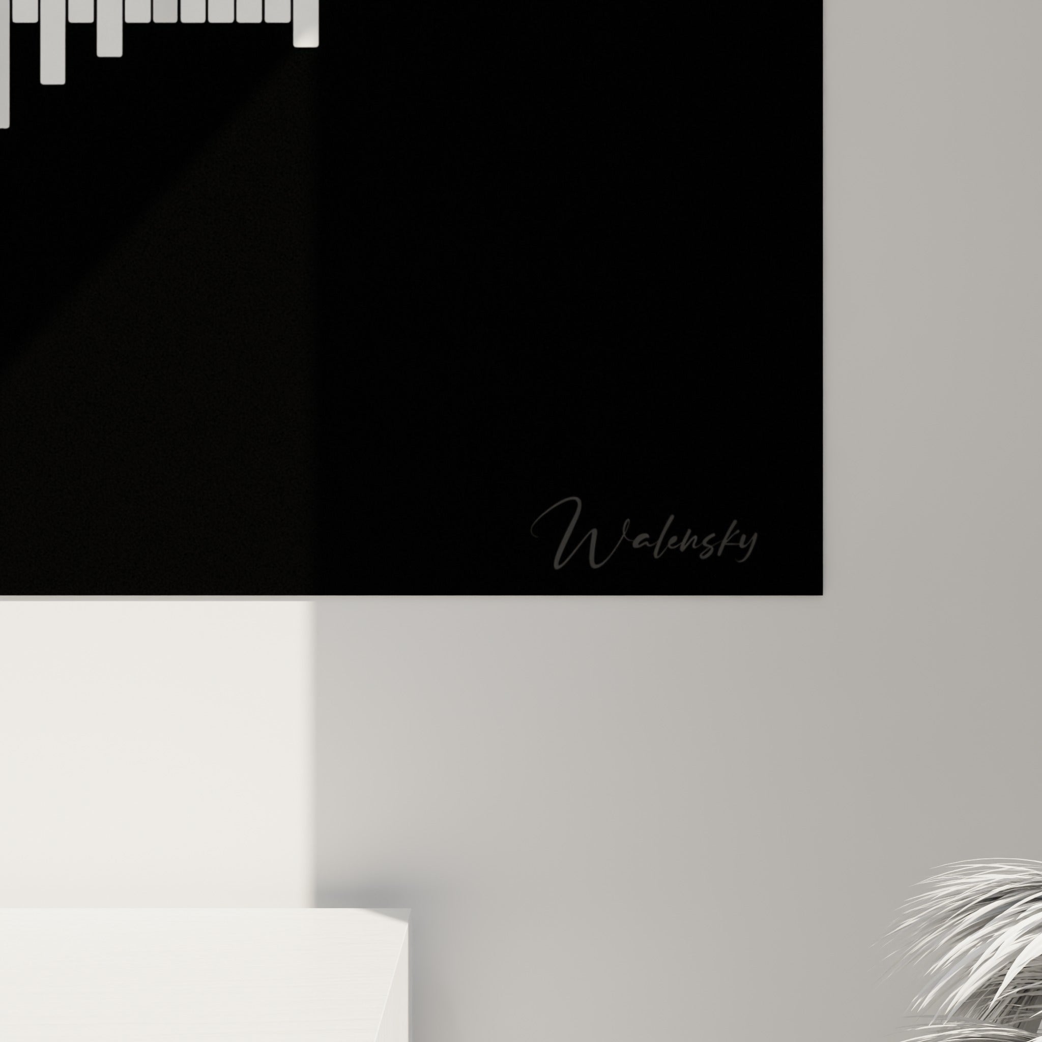 Reflets brillants sur les barres blanches et noires, matière lisse et contrastée de ce tableau Musique accroché