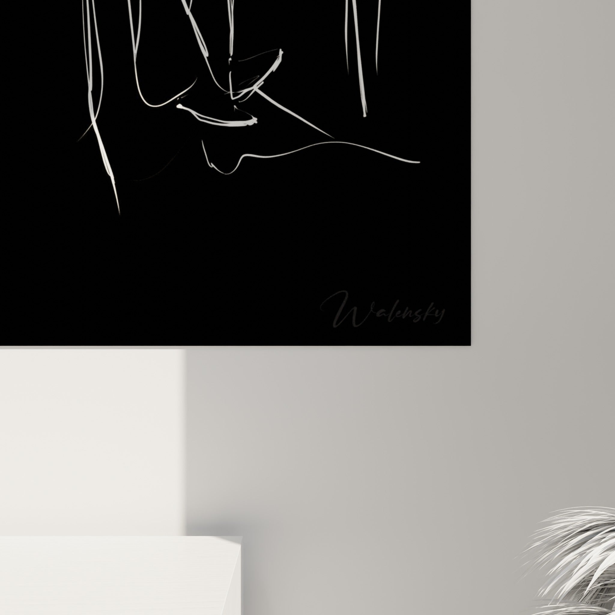 Reflets sur la surface laquée du tableau Musique révélant la finesse du trait blanc et la profondeur du noir