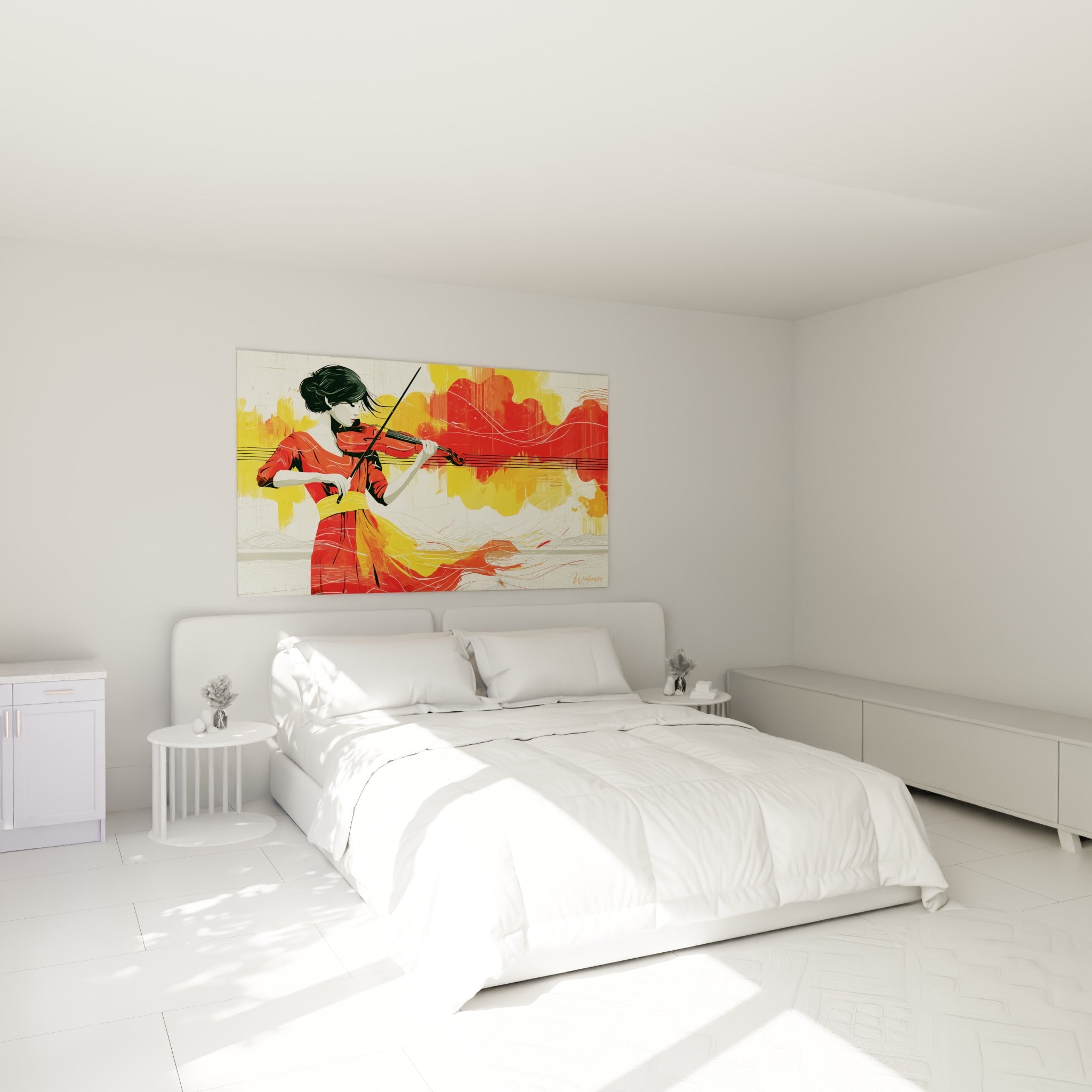 Musicienne jouant du violon, robe rouge vif et vagues ocre, au-dessus d'un lit dans une chambre claire