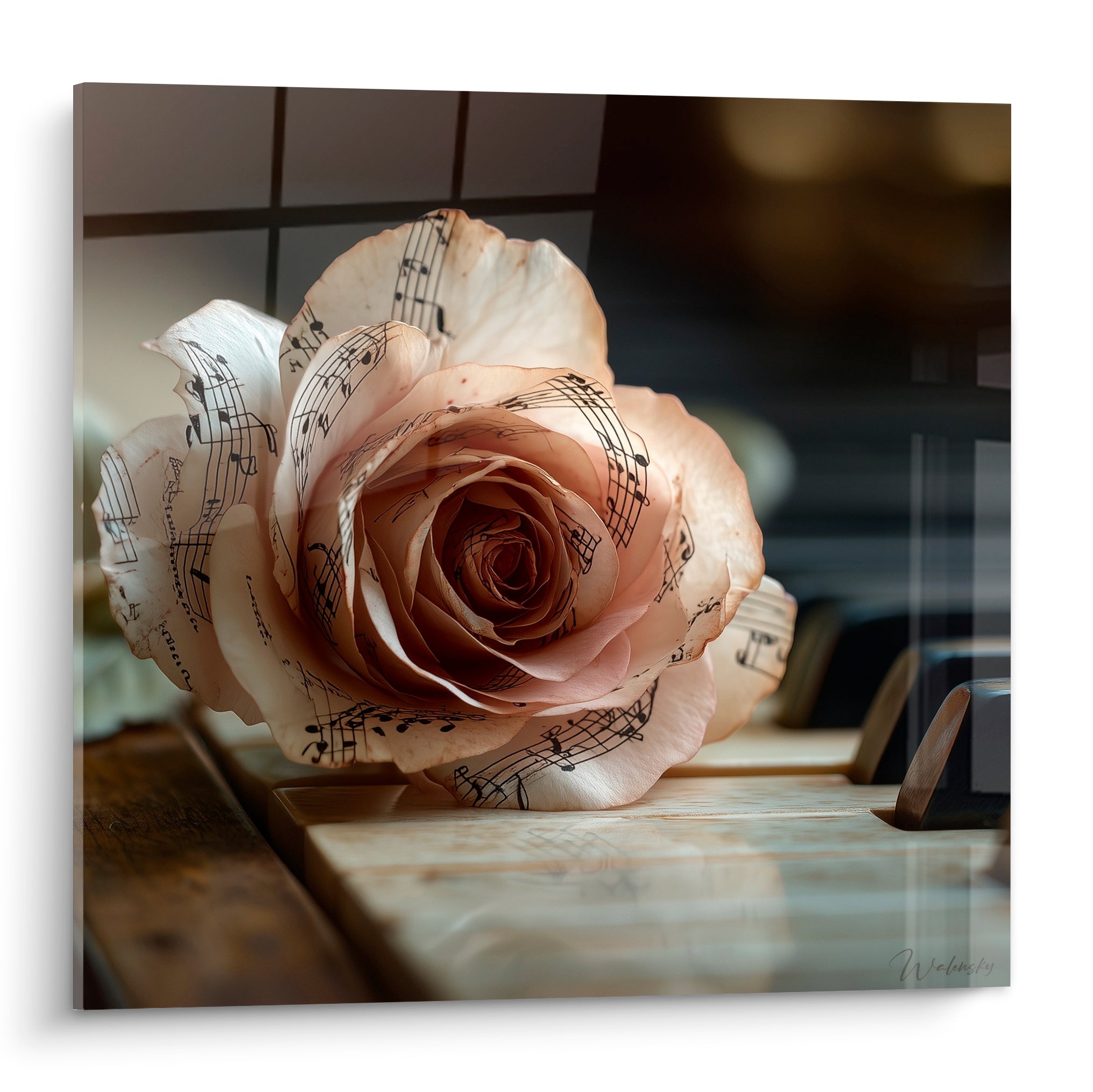 Rose ivoire aux pétales couverts de partitions musicales posée sur un piano anthracite
