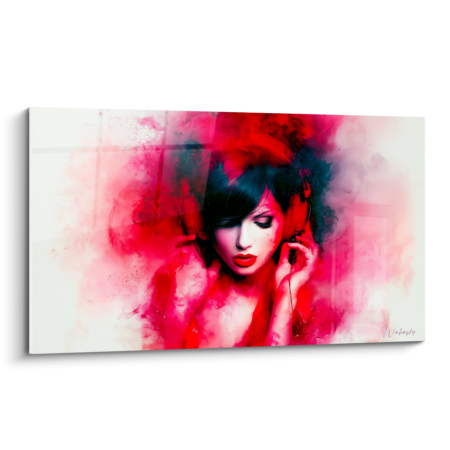 Femme aux yeux clos coiffée d'un casque rouge, chevelure noire, tableau musique en aquarelle carmin éclatante