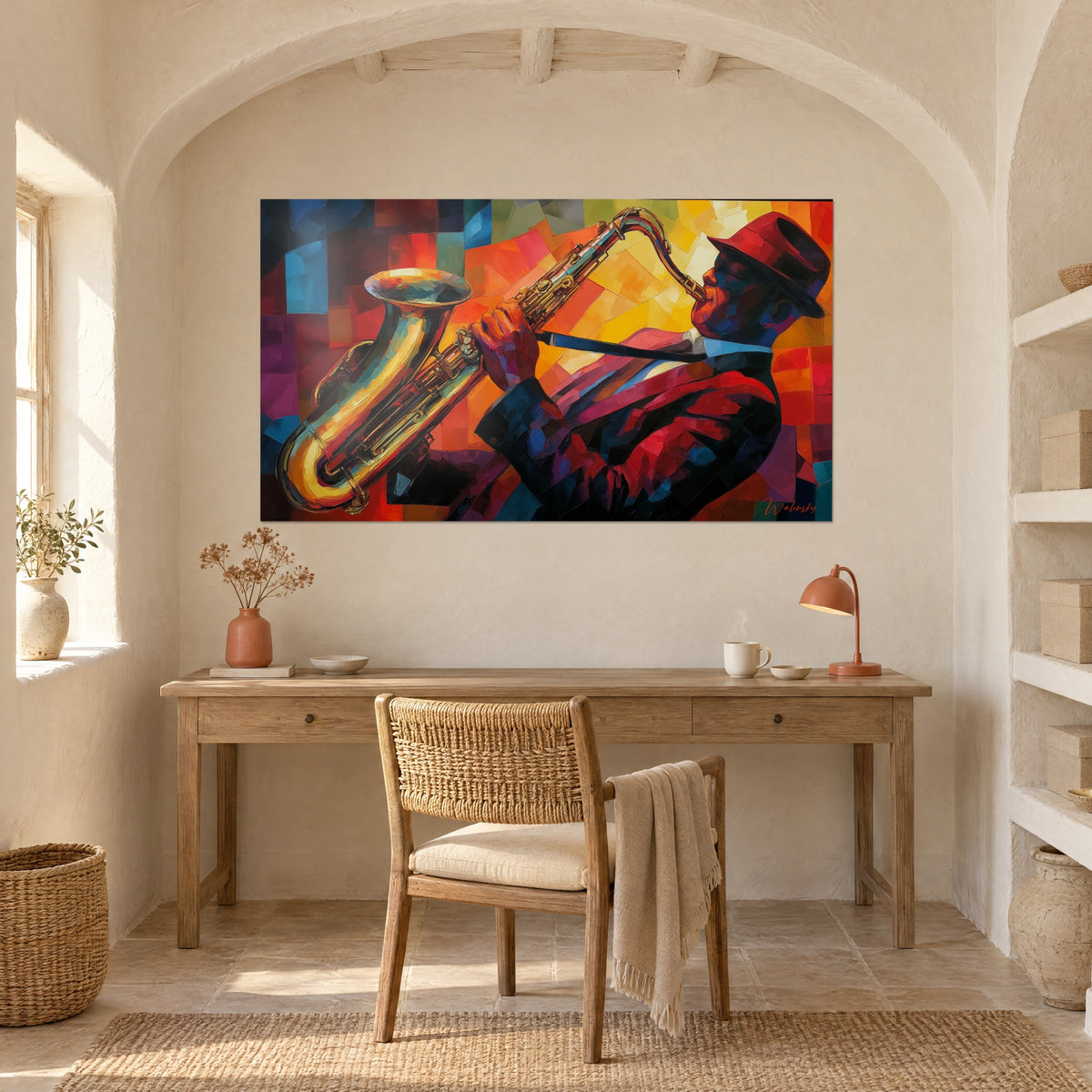Gemälde des goldenen Schalltrichters eines großen Saxophons, granatroter Hut des Musikers, gelbe und türkisfarbene Facetten, an der Wand eines Büros aus hellem Holz