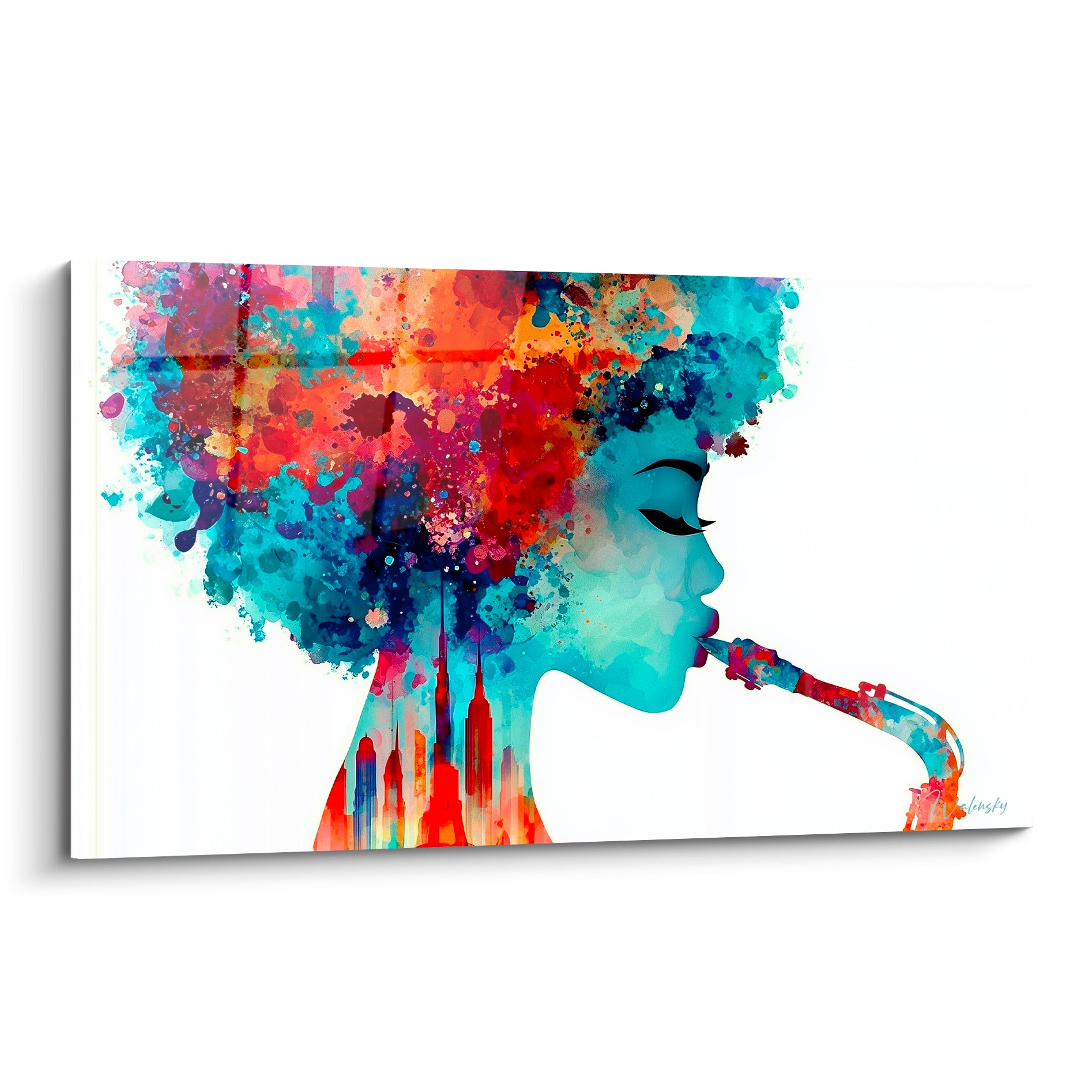 Saxophoniste en aquarelle turquoise et orange, chevelure éclatée en dégradés violets et corail
