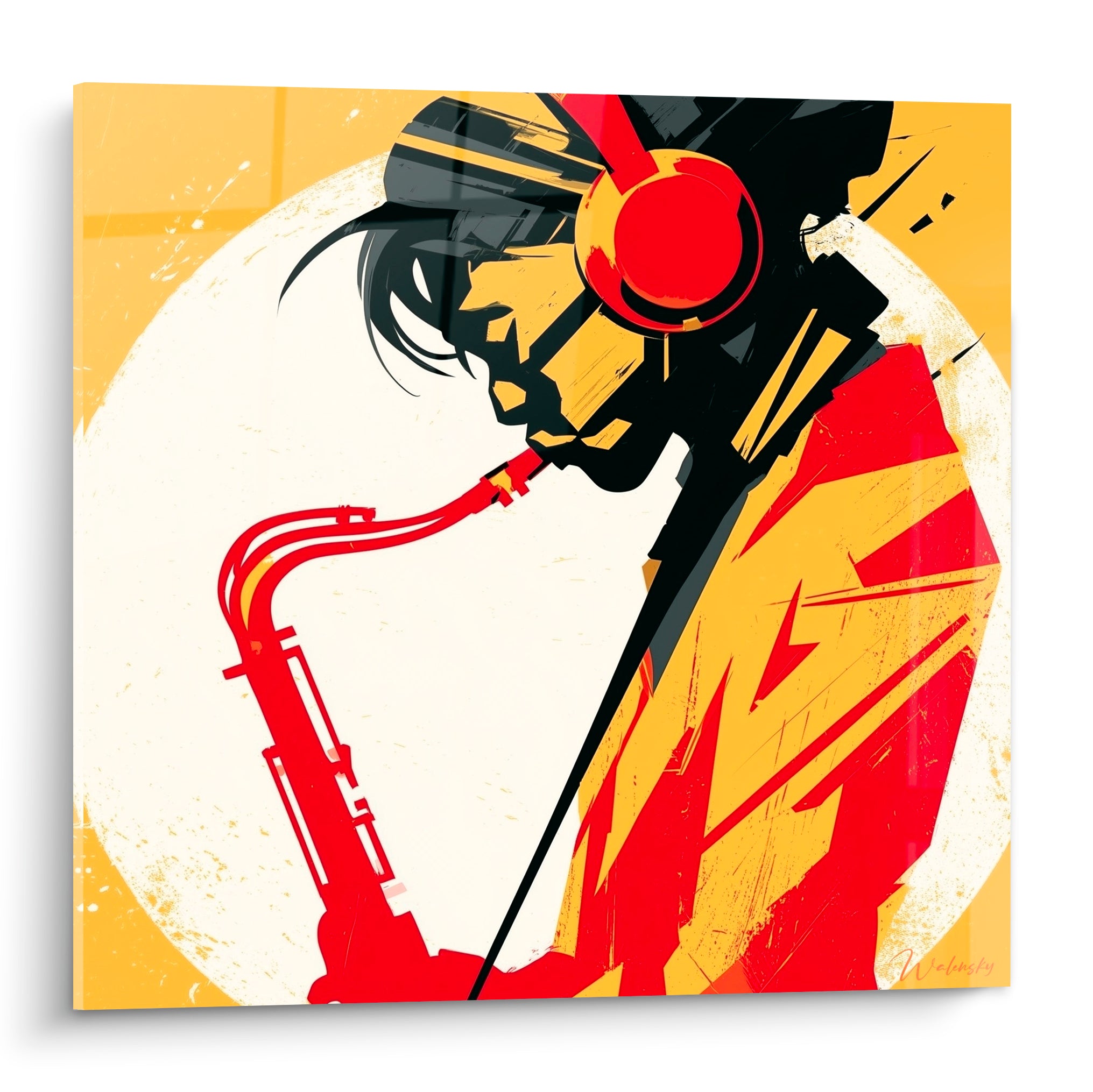 Saxophoniste stylisé en jaune moutarde et rouge, casque audio, jeu de formes graphiques anguleuses