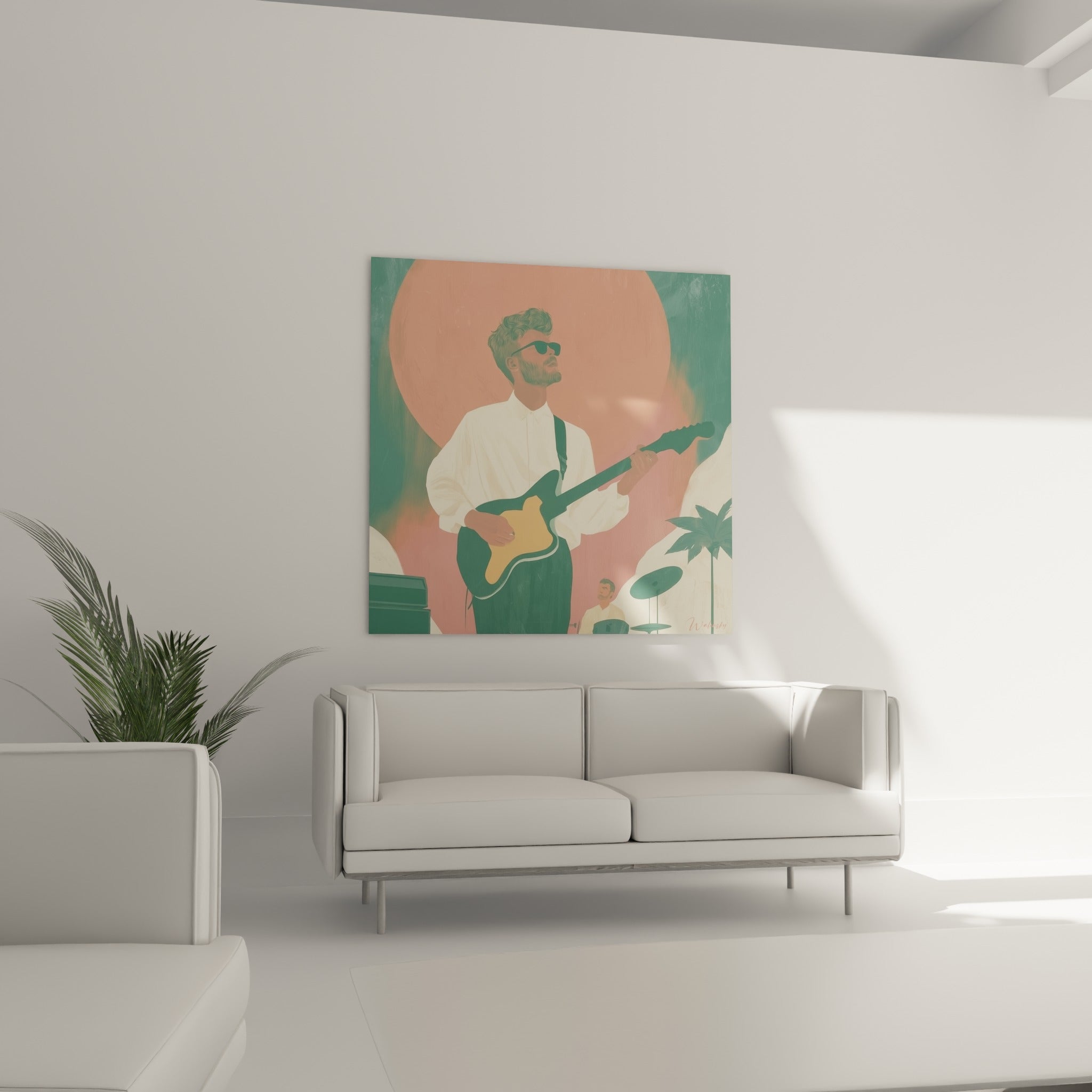 Silhouette d'un guitariste absorbé par sa musique, palette corail et vert sauge, au-dessus d'un canapé dans un salon lumineux
