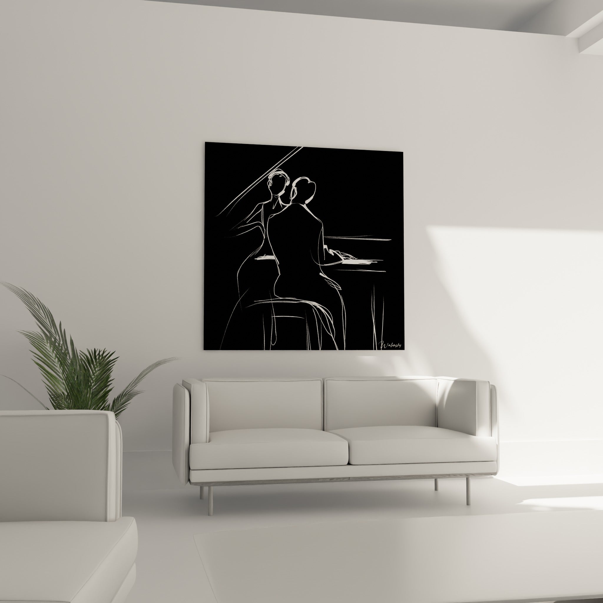 Scène de piano en noir et blanc graphique, au-dessus d'un canapé dans un salon lumineux