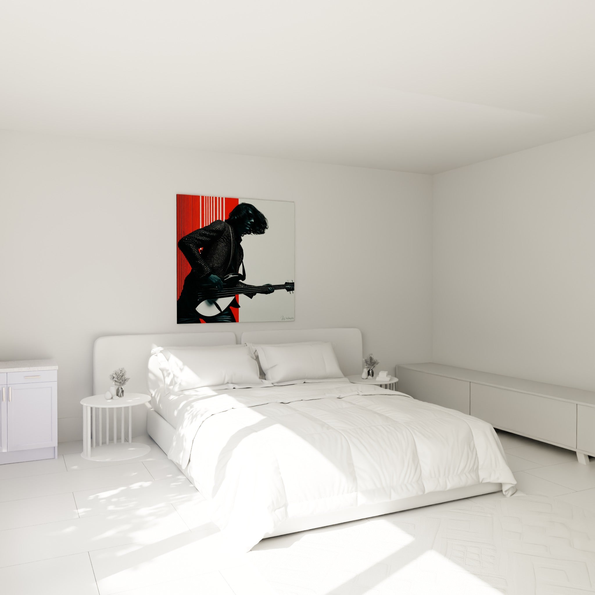 Silhouette anthracite penchée sur sa guitare électrique, rouge vif en fond, au-dessus d'un lit dans une chambre claire
