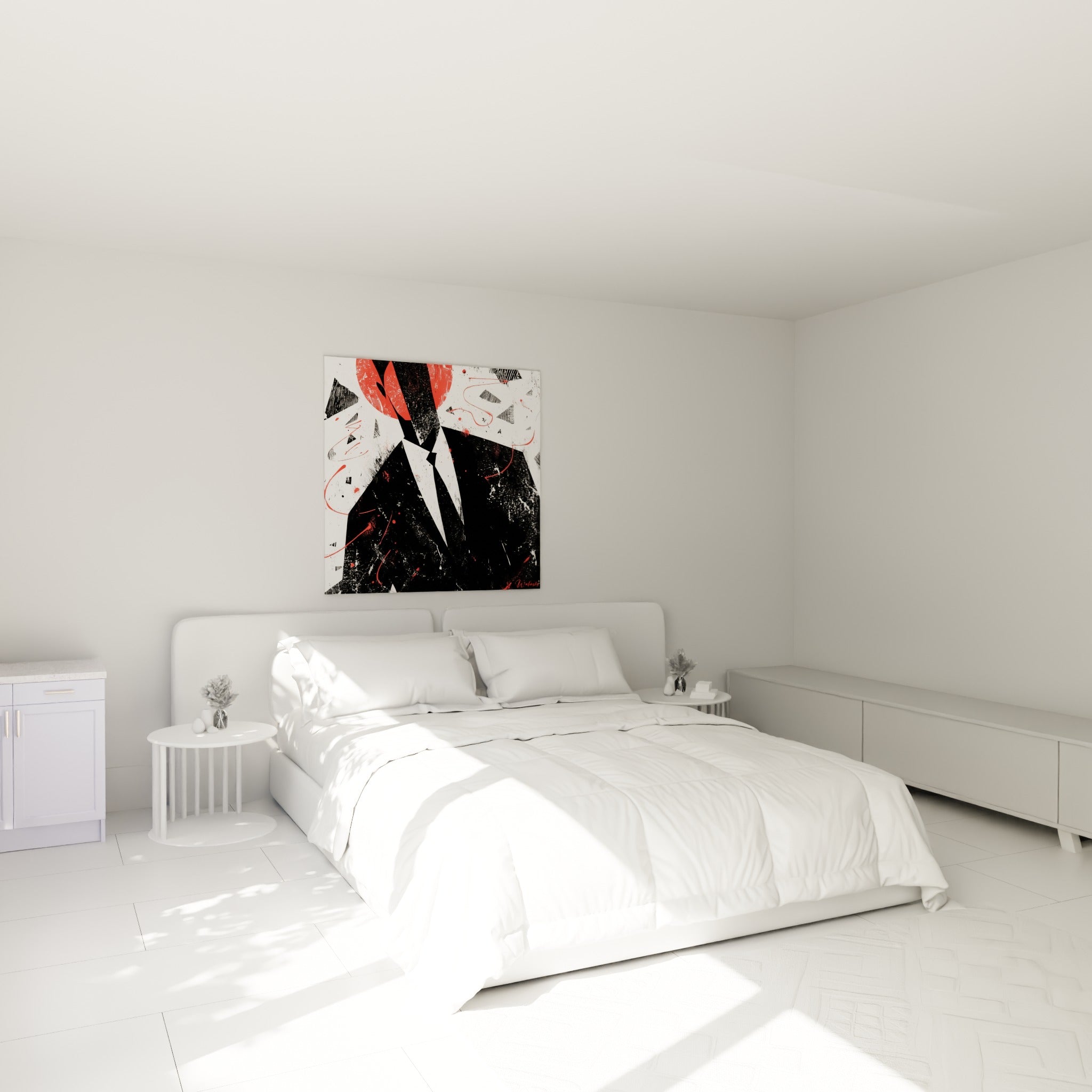 Costume noir sous cercle rouge éclaboussé, tableau Musique au-dessus d'un lit dans une chambre claire