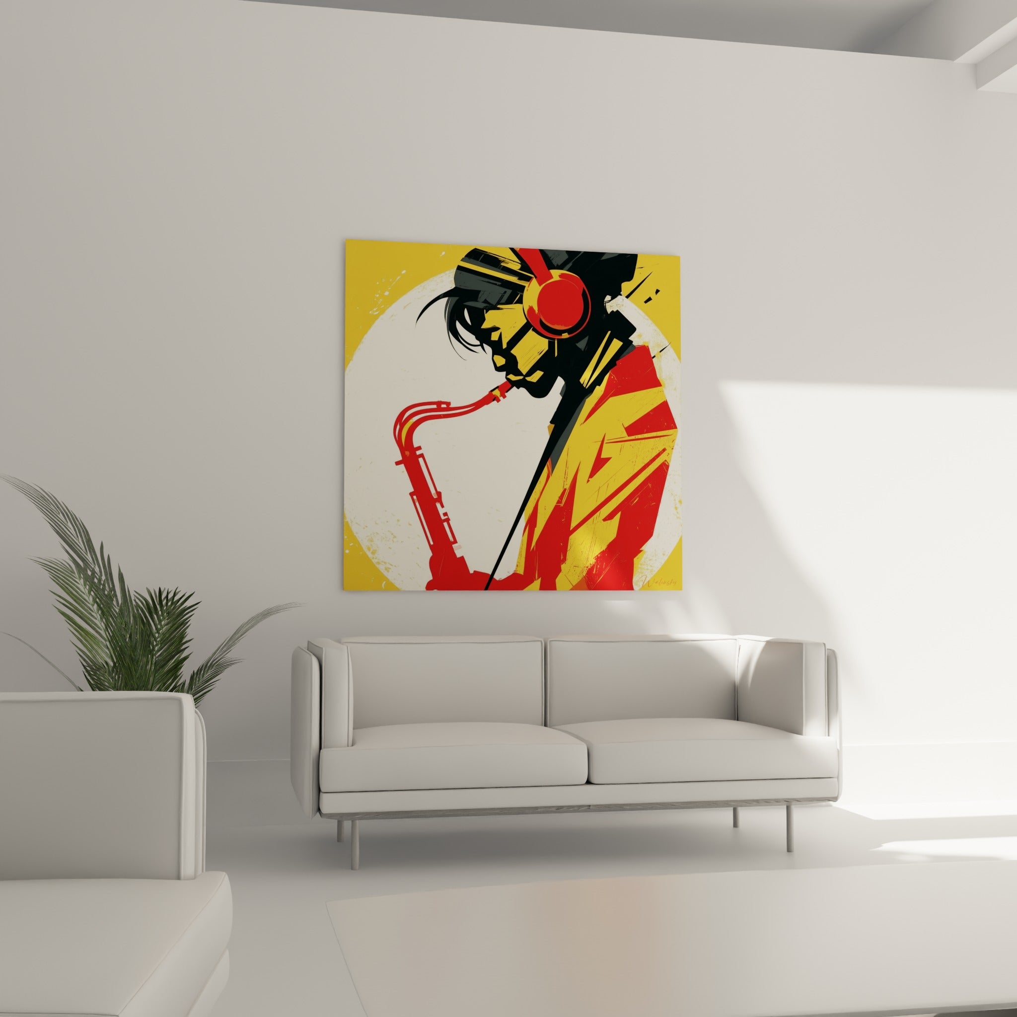 Silhouette de jazzman en rouge écarlate et jaune vif, cercle crème en fond, au-dessus d'un canapé dans un salon lumineux