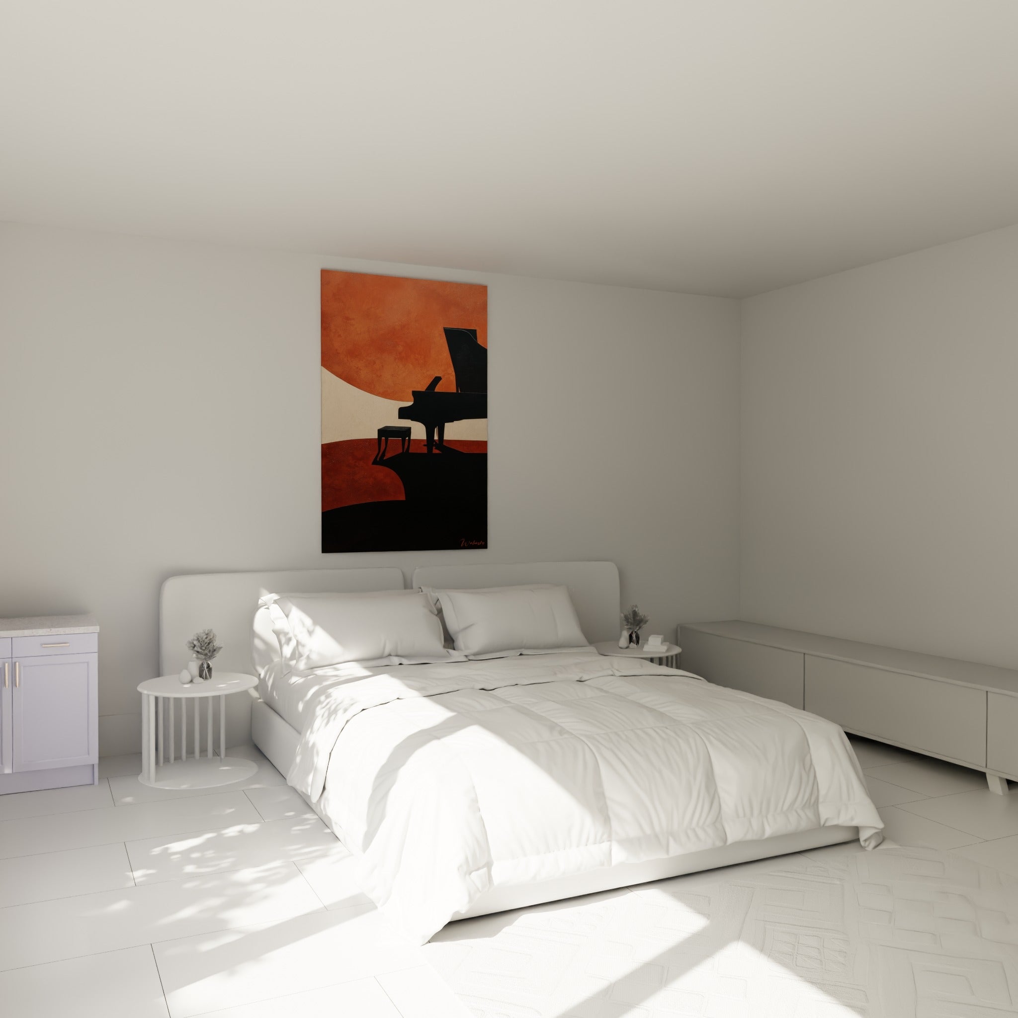 Silhouette de piano noir sur fond ocre et ivoire, accrochée au-dessus d'un lit dans une chambre claire