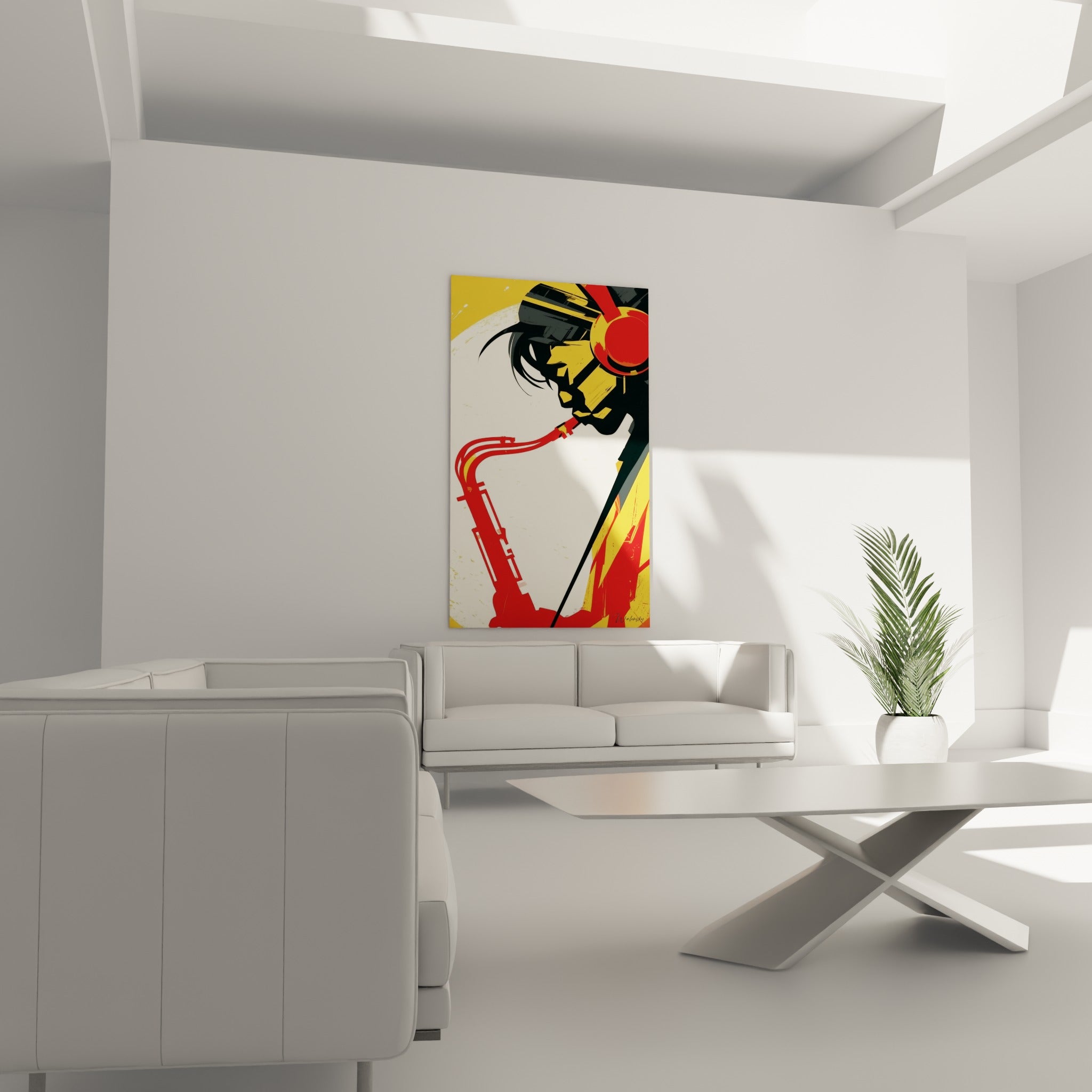Silhouette noire jouant du saxophone rouge sur aplat jaune, au-dessus d'un canapé dans un salon lumineux