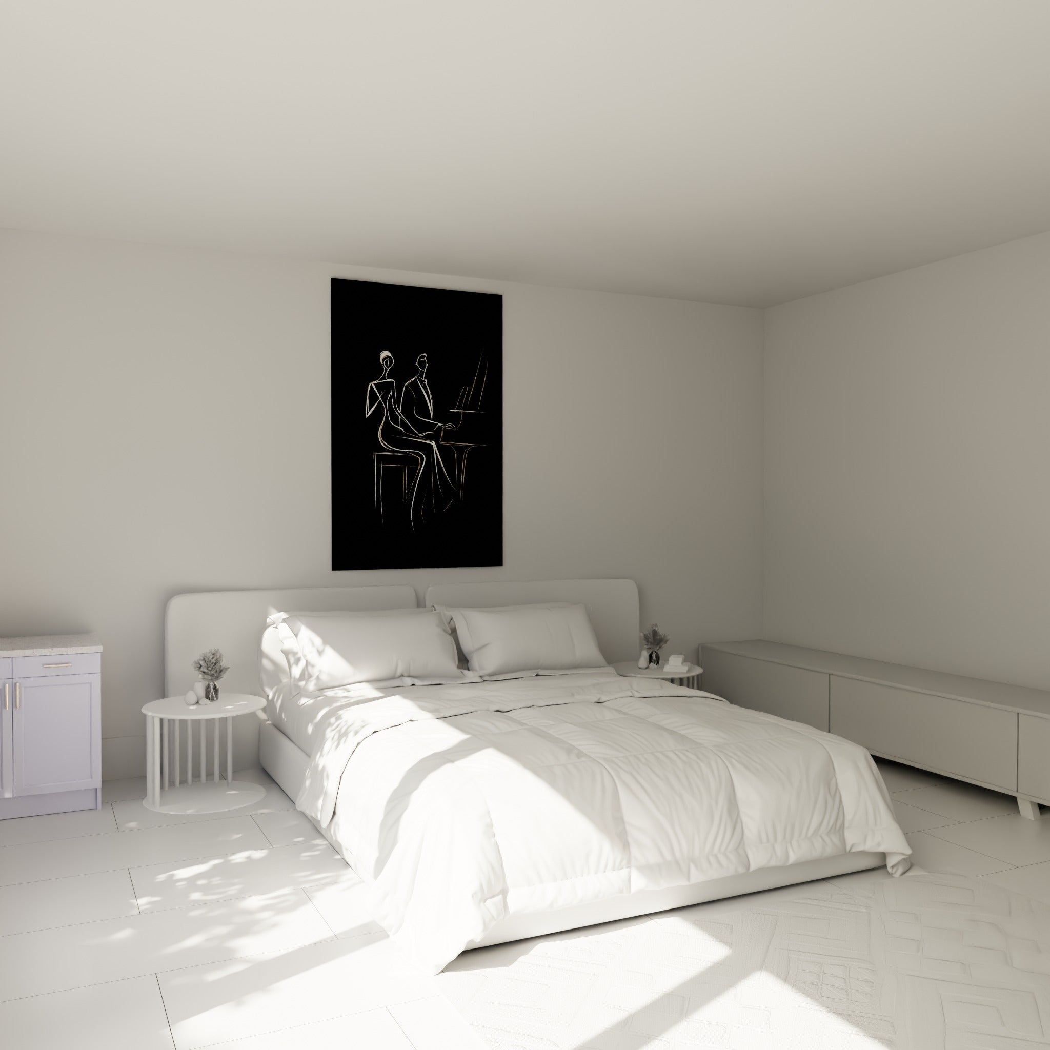 Silhouettes de Musique en trait doré et blanc au-dessus d'un lit dans une chambre claire