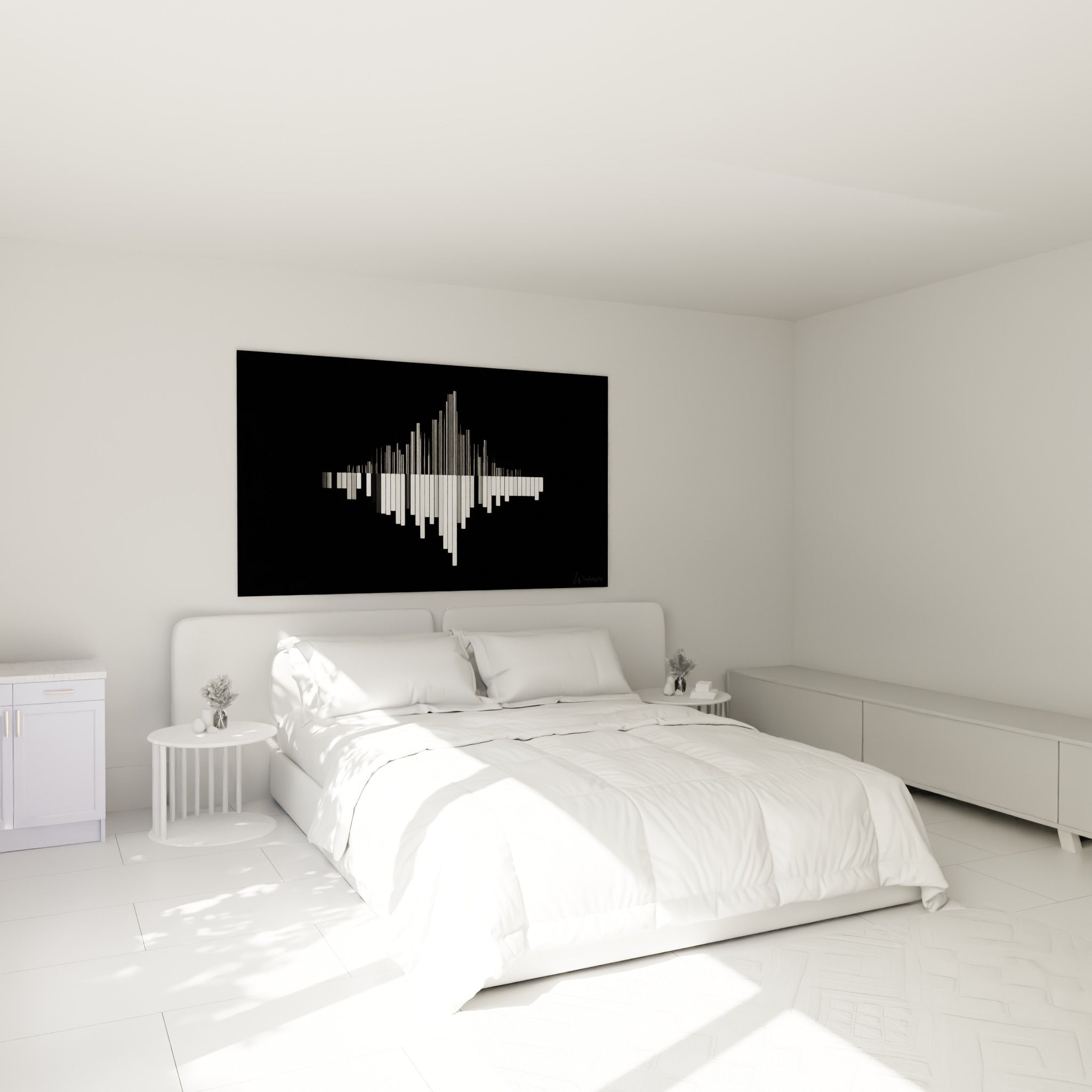 Spectrogramme blanc et anthracite en pointe, tableau Musique au-dessus d'un lit dans une chambre claire