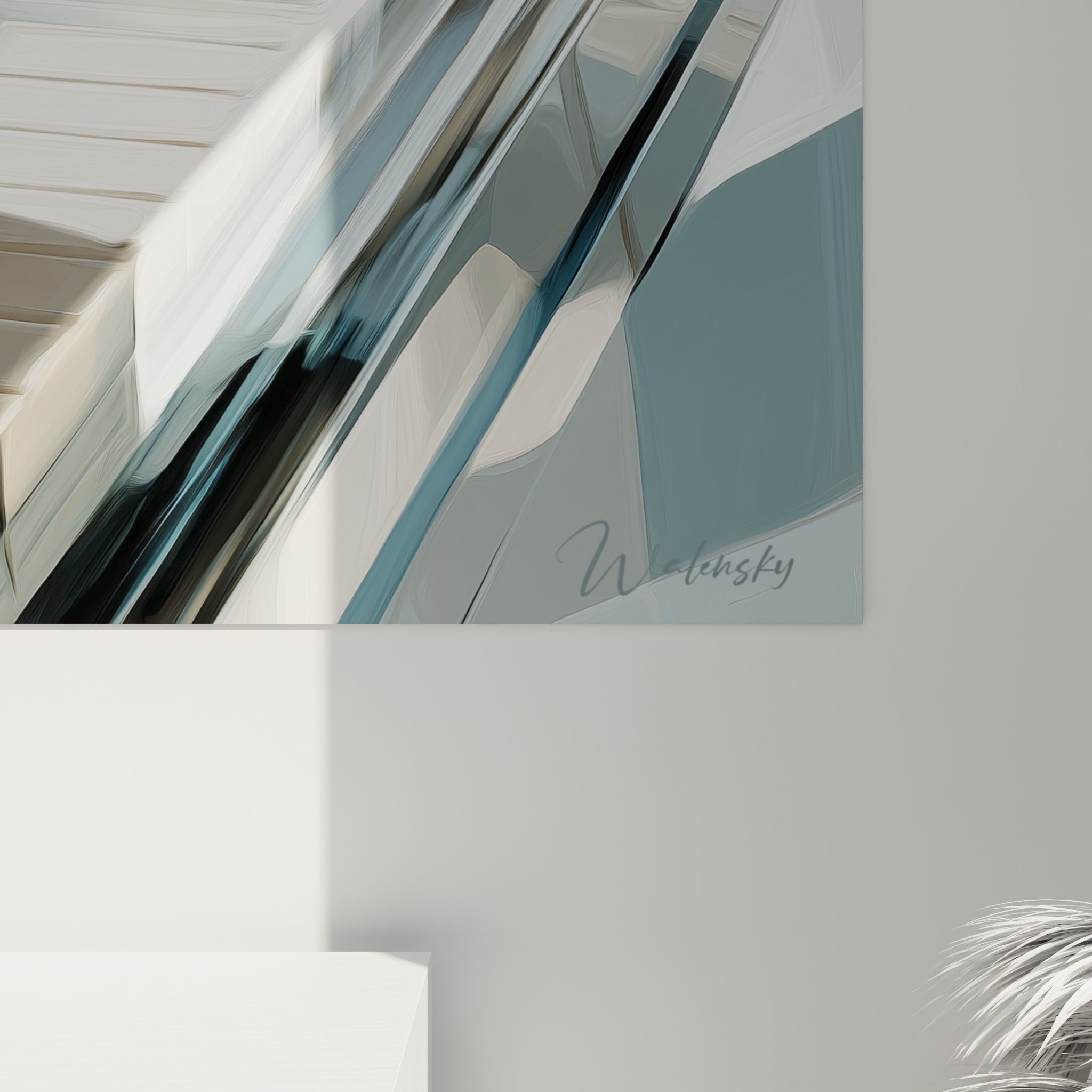 Empâtements bleu ardoise et blanc cassé visibles sur la toile, grain marqué entre les touches noires du clavier