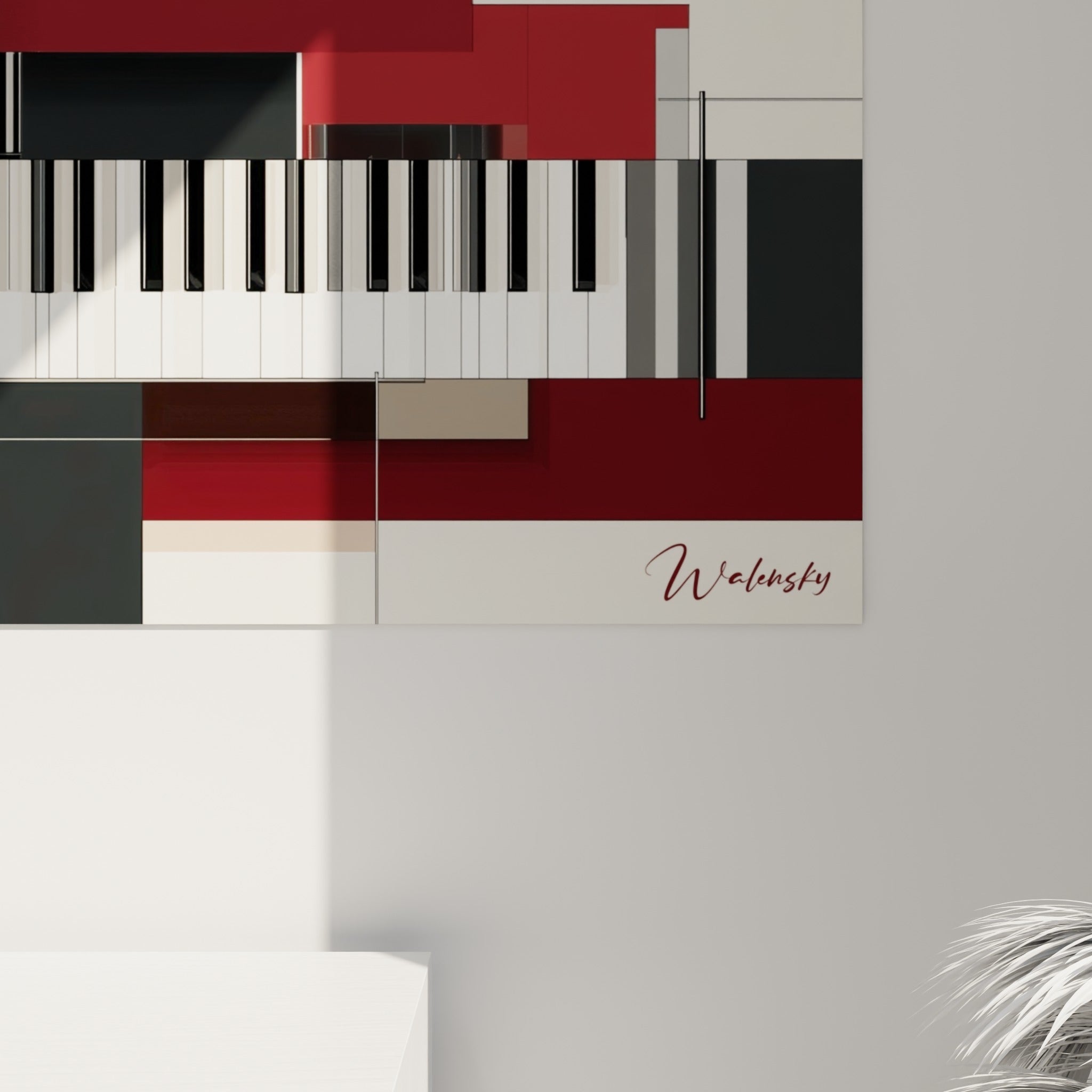 Empâtements et transparences du rouge bordeaux et de l'anthracite sur les touches du clavier peint