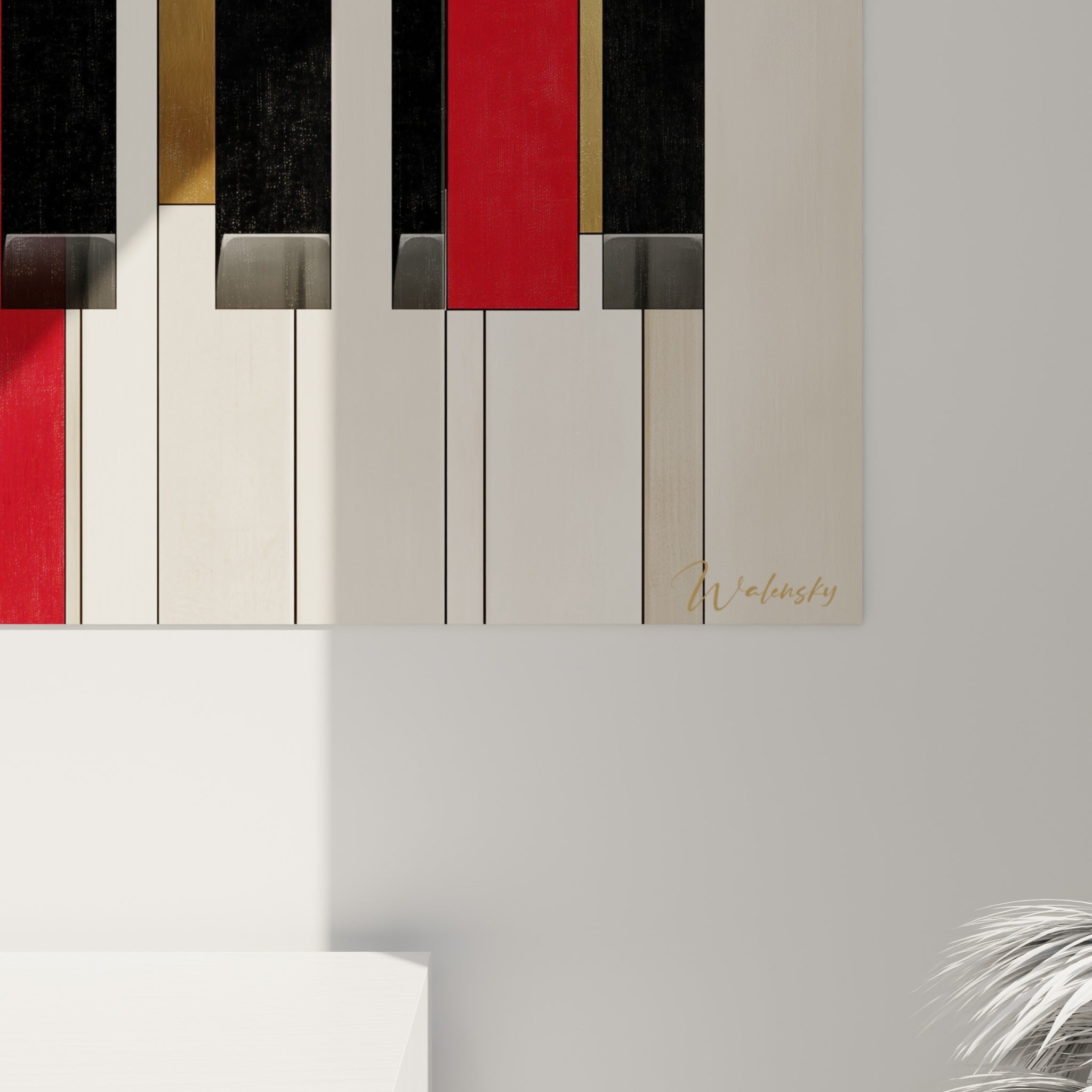 Musique détail du grain pictural sur les touches rouges et dorées, texture mate et reliefs visibles