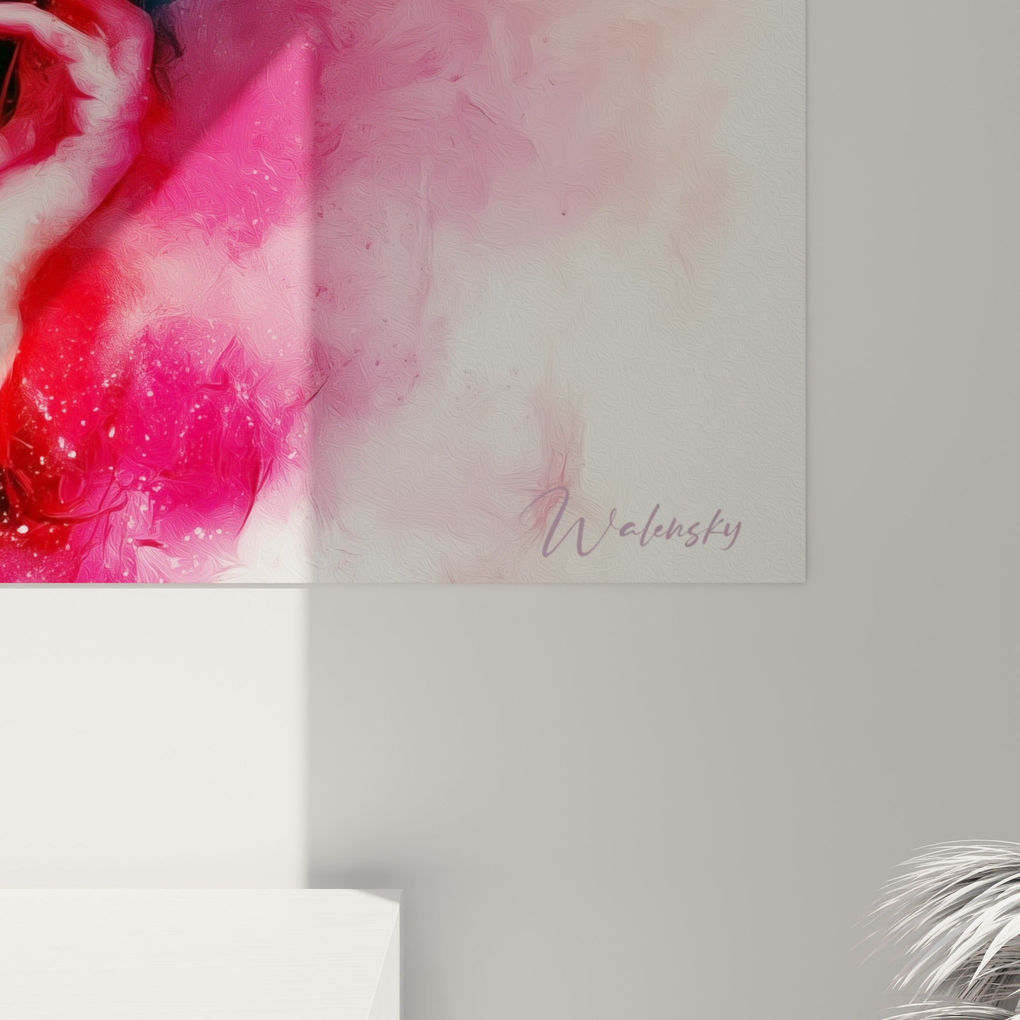Empâtements rouges et coulures noires se mêlant sur la toile, grain visible du tableau musique accroché au mur