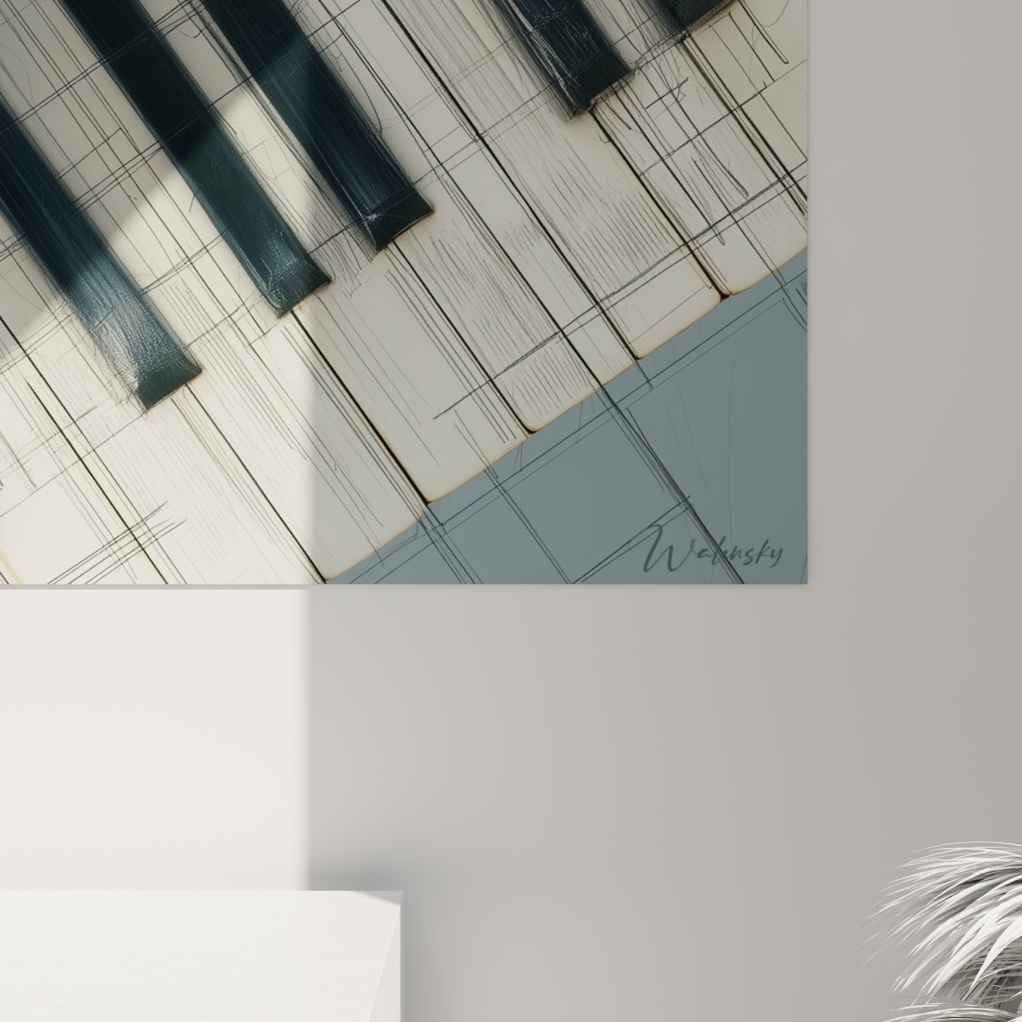 Grain de la toile révélant les touches noires satinées et les fines lignes graphiques sur fond bleu gris