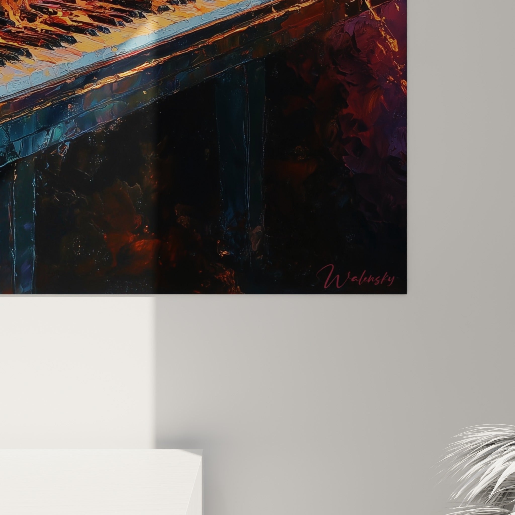 Empâtements épais de peinture orange et pourpre révélant la texture du feu sur ce tableau Musique