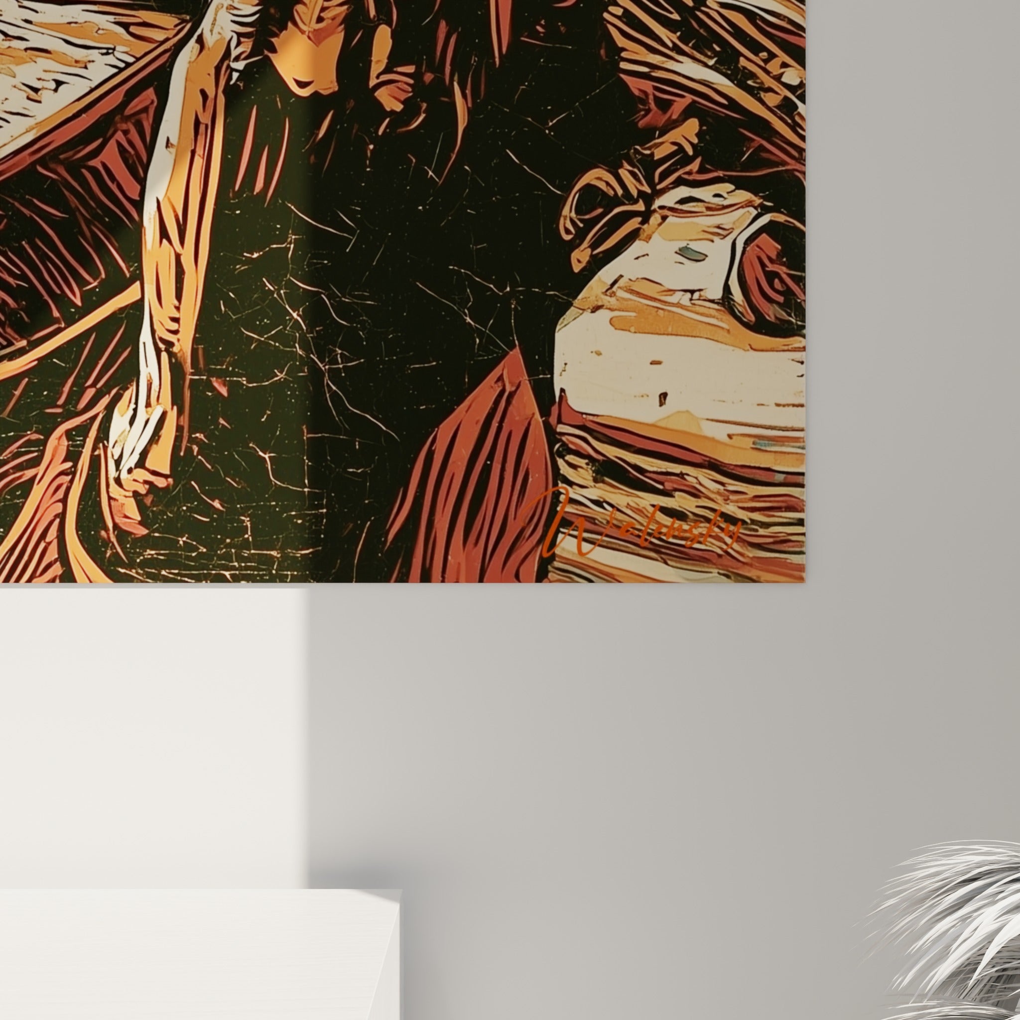 Grain gravé visible sur le visage du violoniste, empâtements orangés et coulures bleu pétrole en gros plan sur la toile
