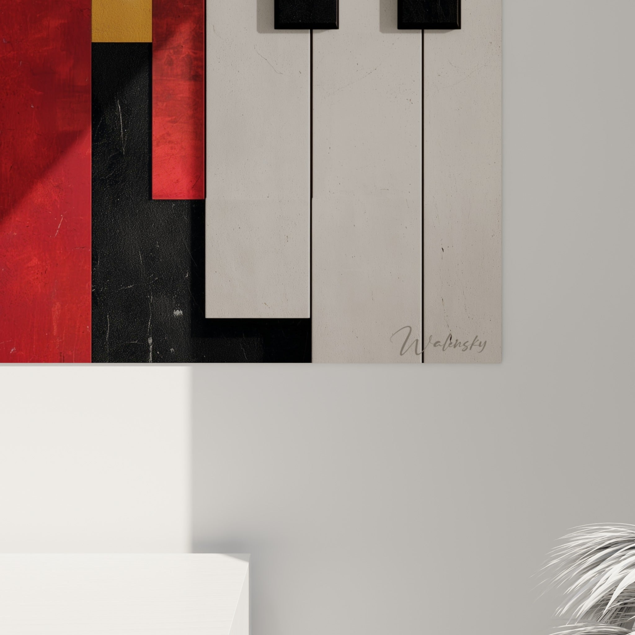 Détail des empâtements dorés et de la texture laquée du rouge bordeaux sur cette œuvre musicale abstraite