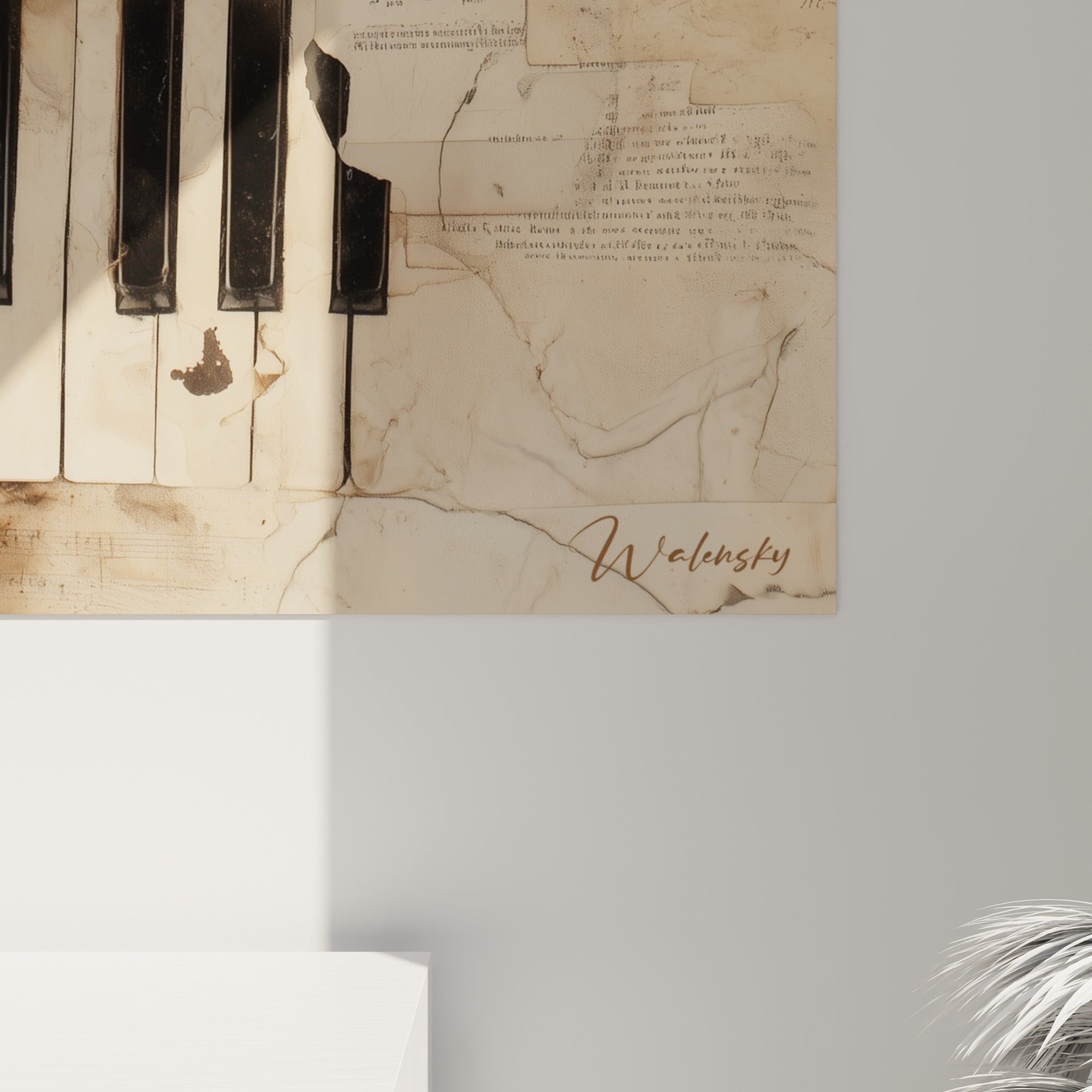 Grain du papier sépia et empâtements noirs des touches visibles de près sur cette œuvre musicale