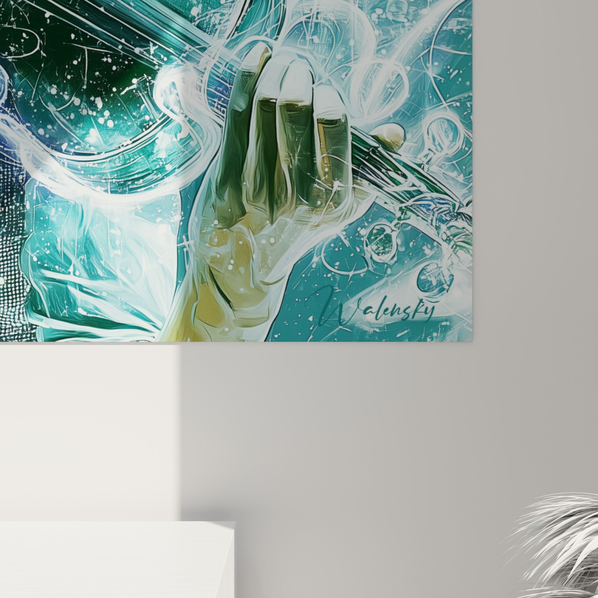 Grain de peinture numérique visible, particules dorées et blanches se mêlant au turquoise sur la toile du violon