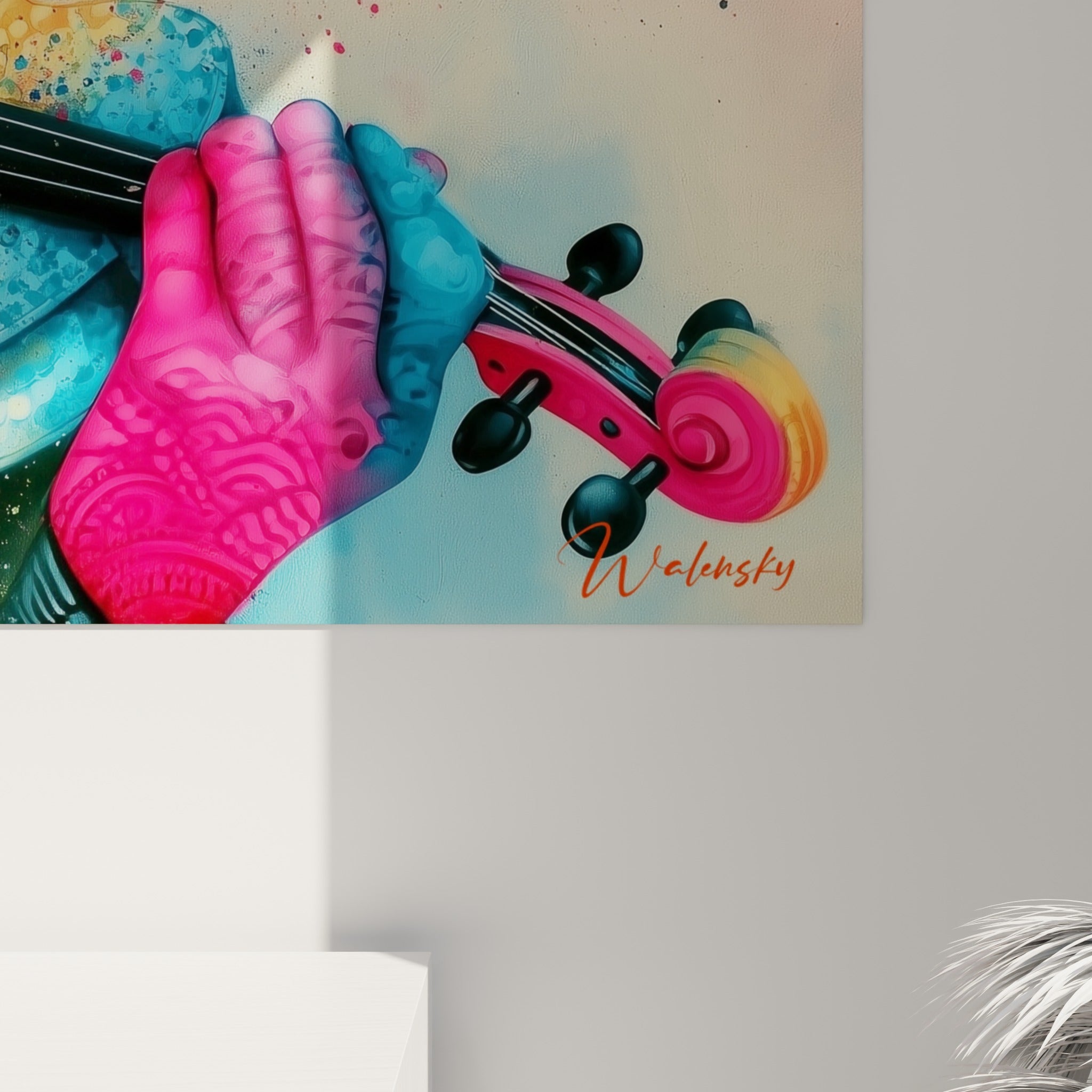 Empâtements et éclaboussures roses et dorées sur la toile, grain visible du violon et du turban peint