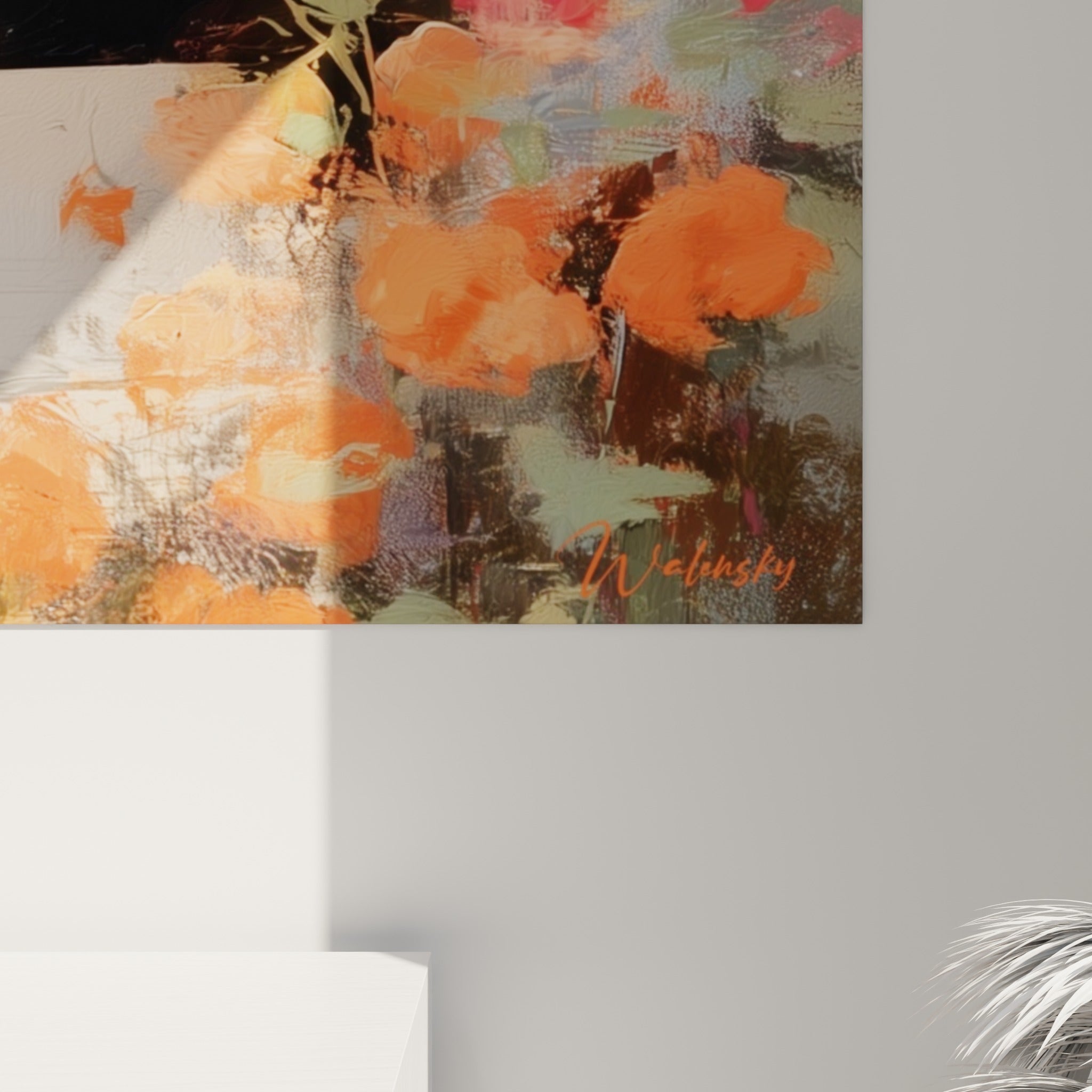 Empâtements orange et rose se mêlant au noir laqué du piano, matière épaisse et coulures visibles