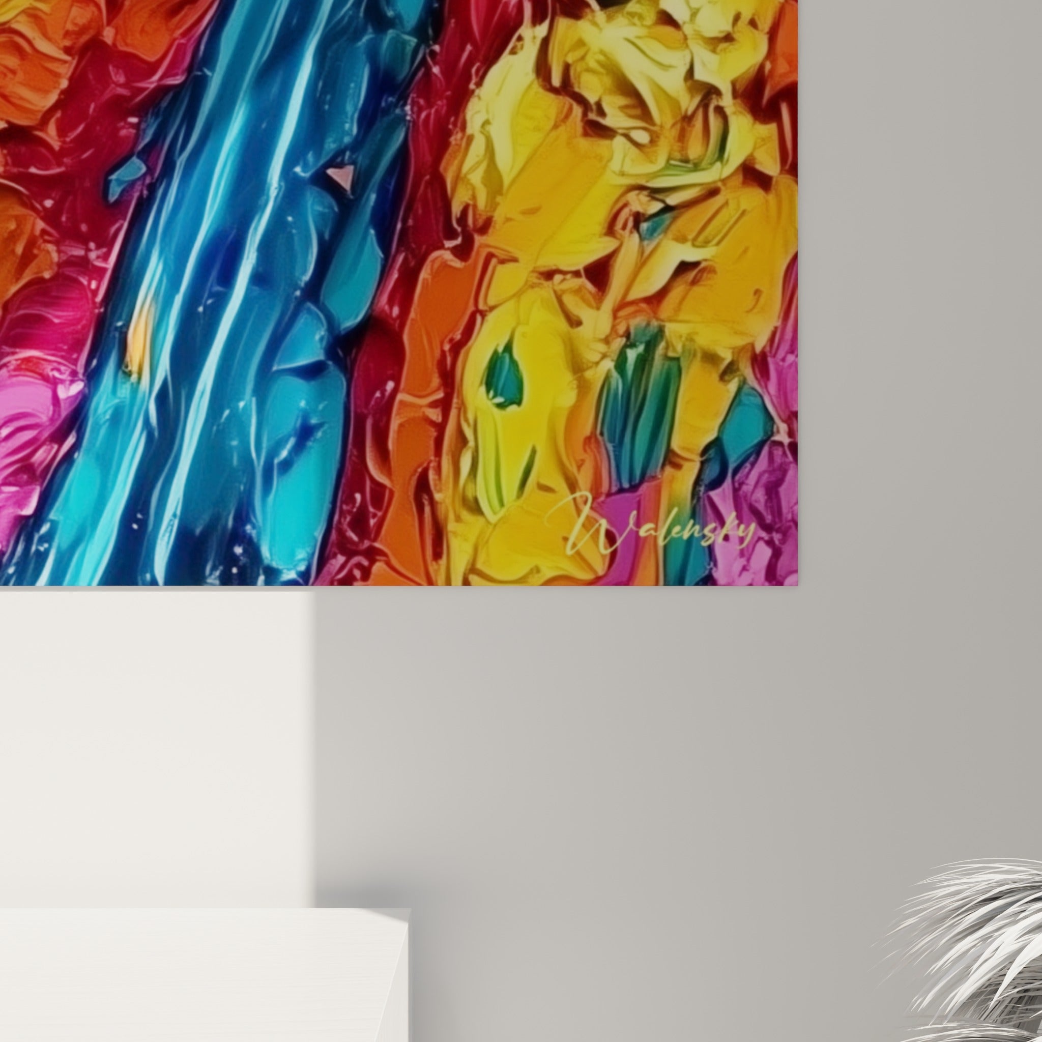 Empâtements bleu turquoise et orange visibles sur la toile, matière épaisse révélant les coups de couteau du peintre