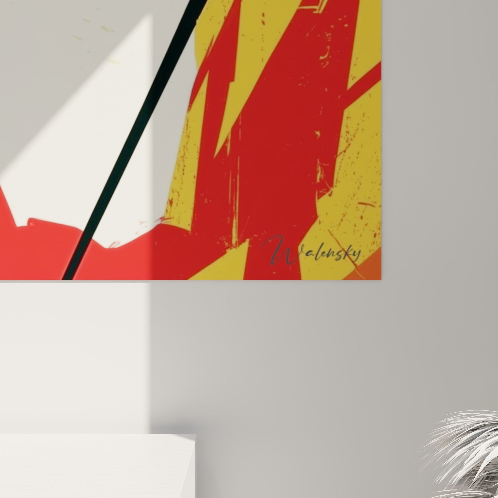 Empâtements rouges et jaunes du saxophone, grain granuleux et coulures façon sérigraphie visibles de près