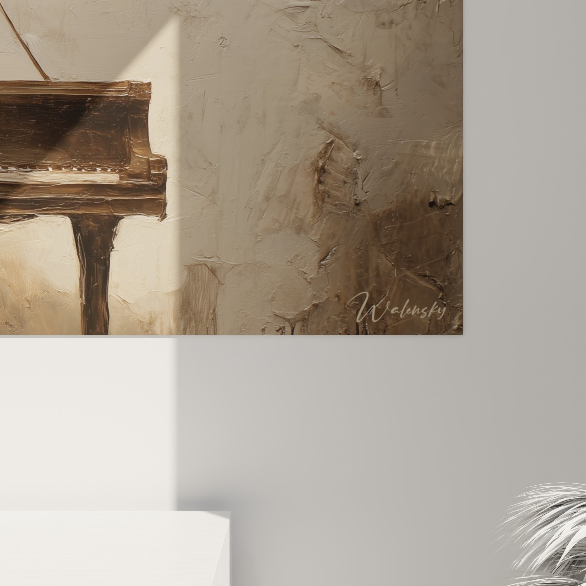Empâtements et coulures brun sur fond beige texturé, détail du tableau Musique à la spatule