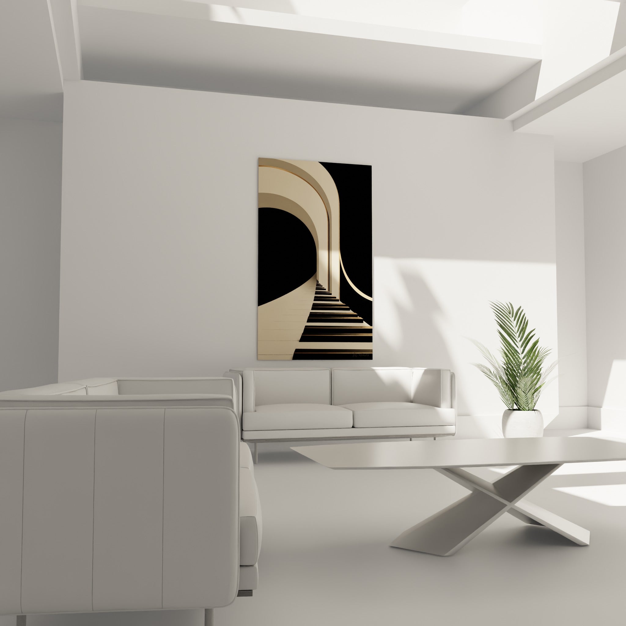 Arches architecturales noires et ivoire encadrant un clavier musical, au-dessus d'un canapé dans un salon lumineux