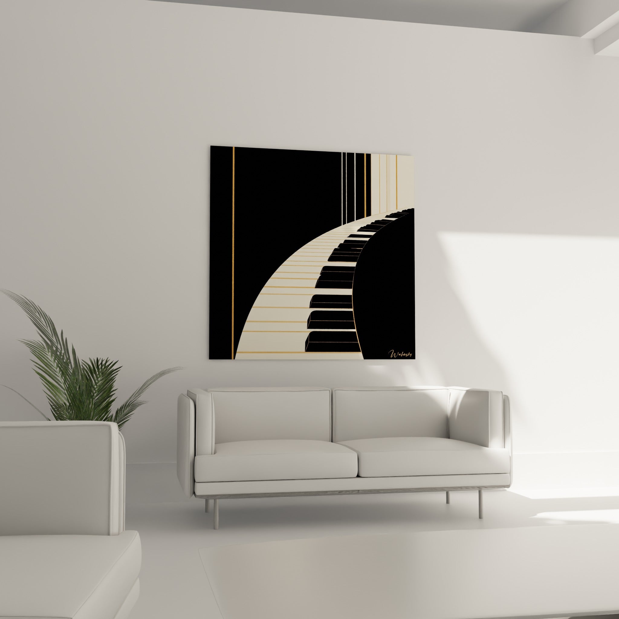 Touches de piano ivoire et anthracite serpentant en diagonale, disposées au-dessus d'un canapé dans un salon lumineux