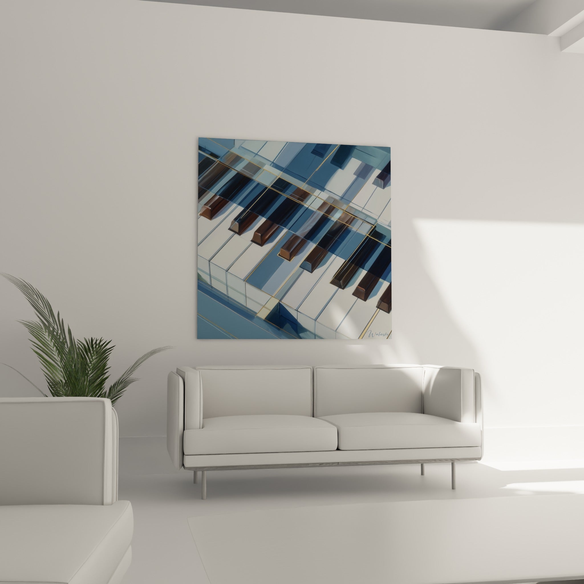 Clavier abstrait en bleu et brun chocolat, lignes dorées diagonales, au-dessus d'un canapé dans un salon lumineux