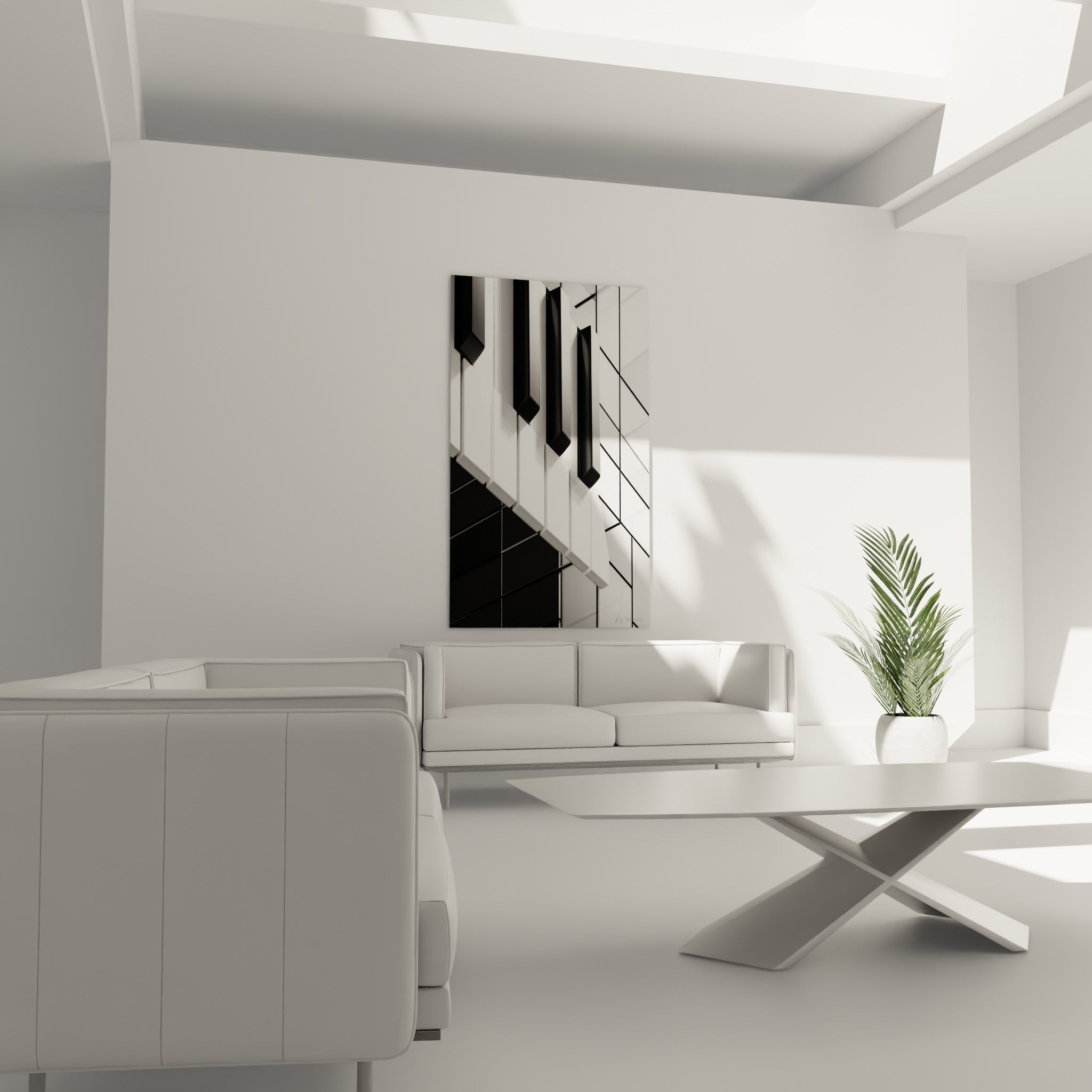 Clavier graphique noir et blanc à la perspective plongeante, suspendu au-dessus d'un canapé dans un salon lumineux