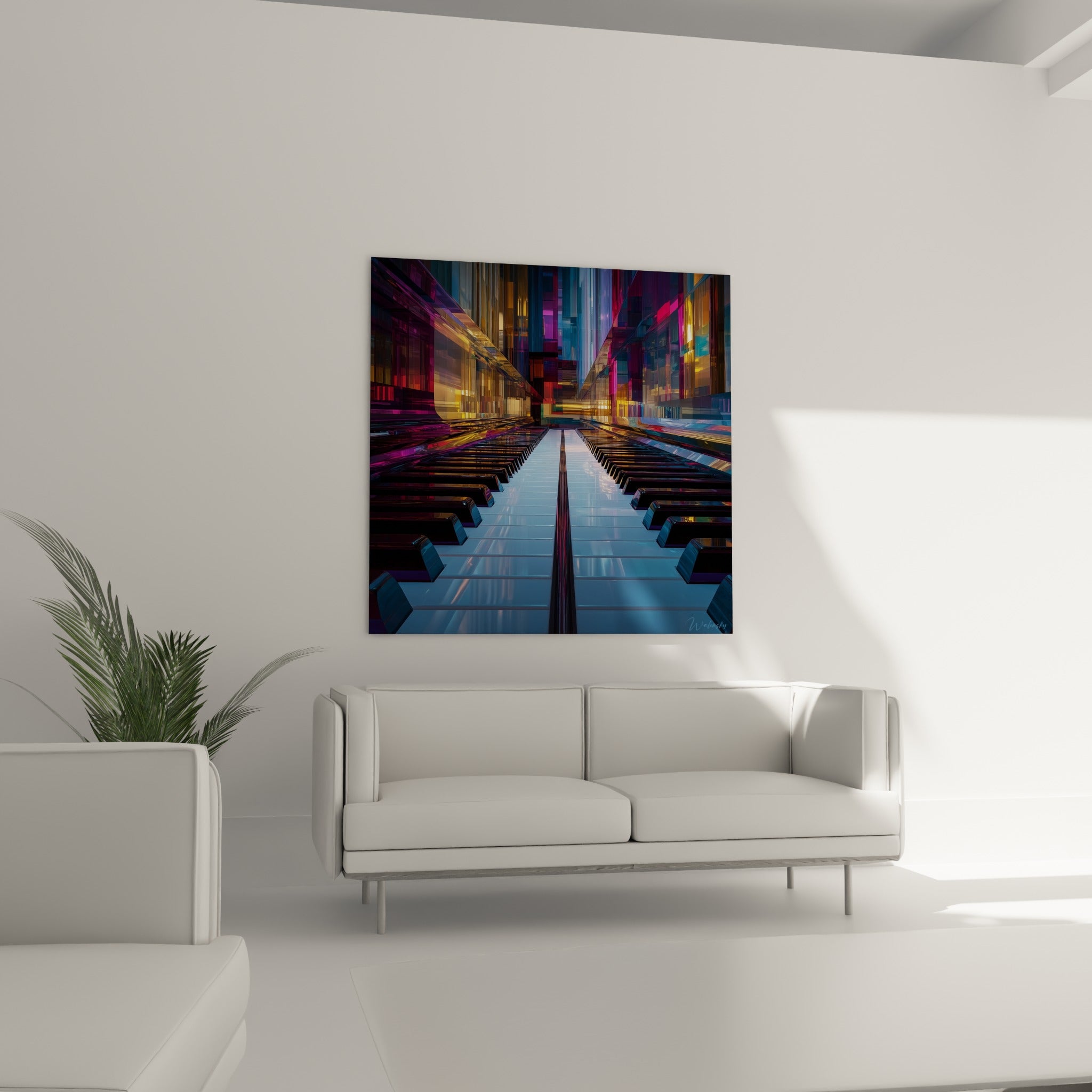 Touches de piano Musique baignées de reflets violets et bleu nuit, au-dessus d'un canapé dans un salon lumineux