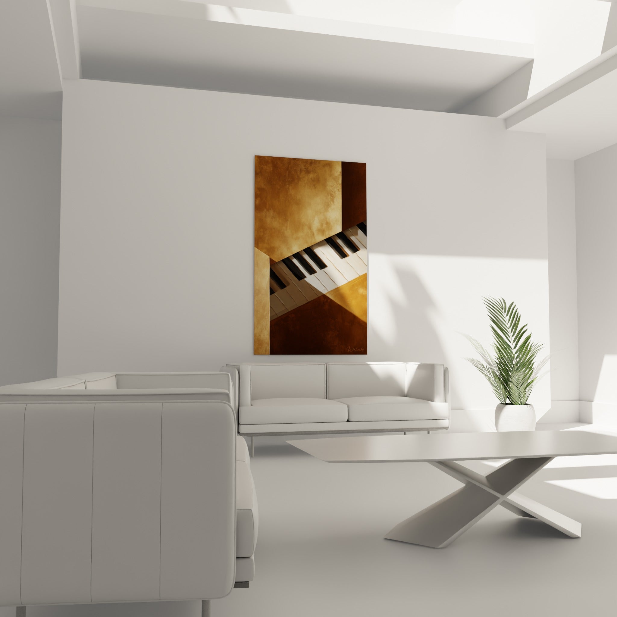 Clavier incliné aux tons ambrés et bruns capturant la lumière, au-dessus d'un canapé dans un salon lumineux