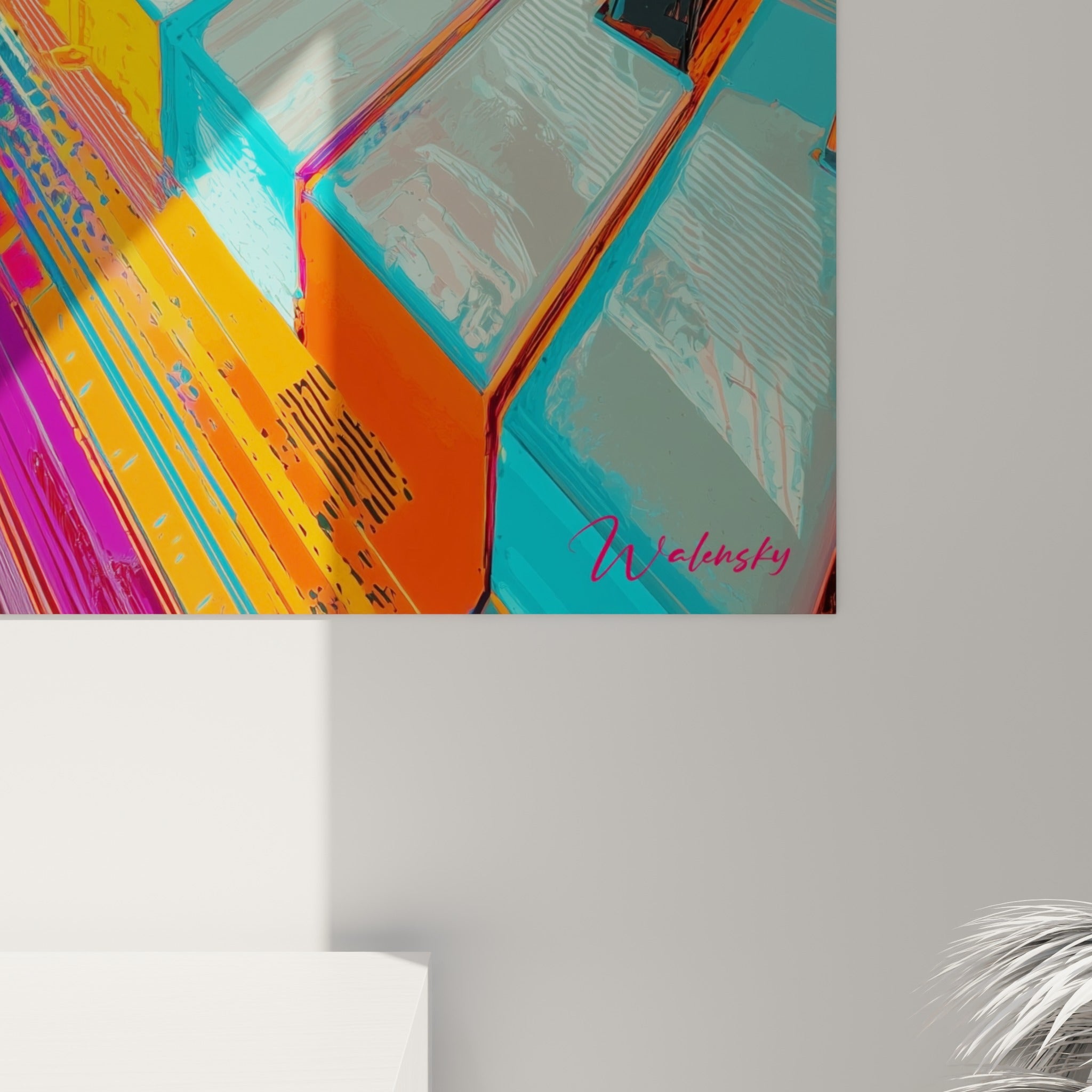 Détail des touches noires et blanches où se croisent traits fins turquoise, orangé et magenta