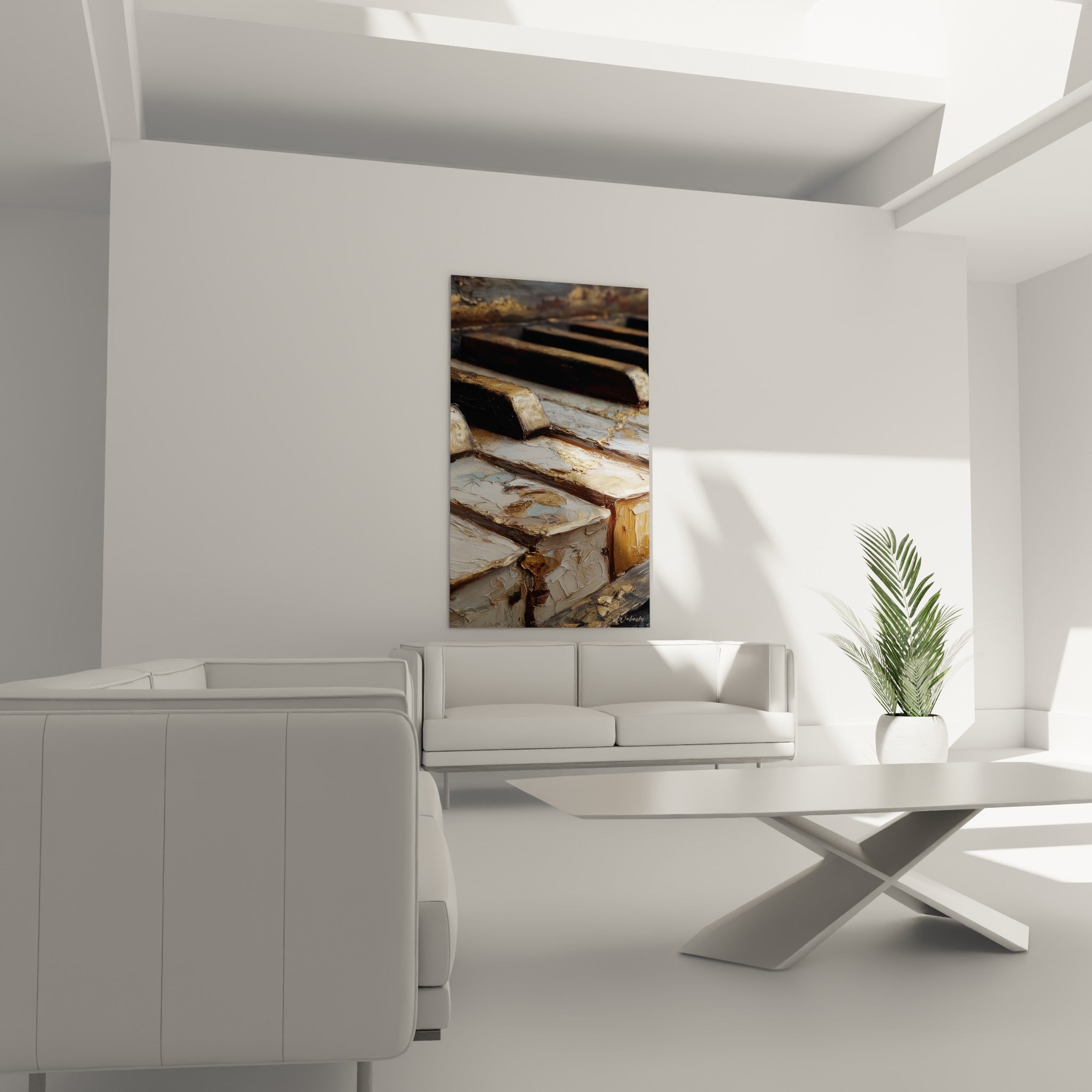 Touches dorées et blanches d'un piano texturé au couteau, au-dessus d'un canapé dans un salon lumineux