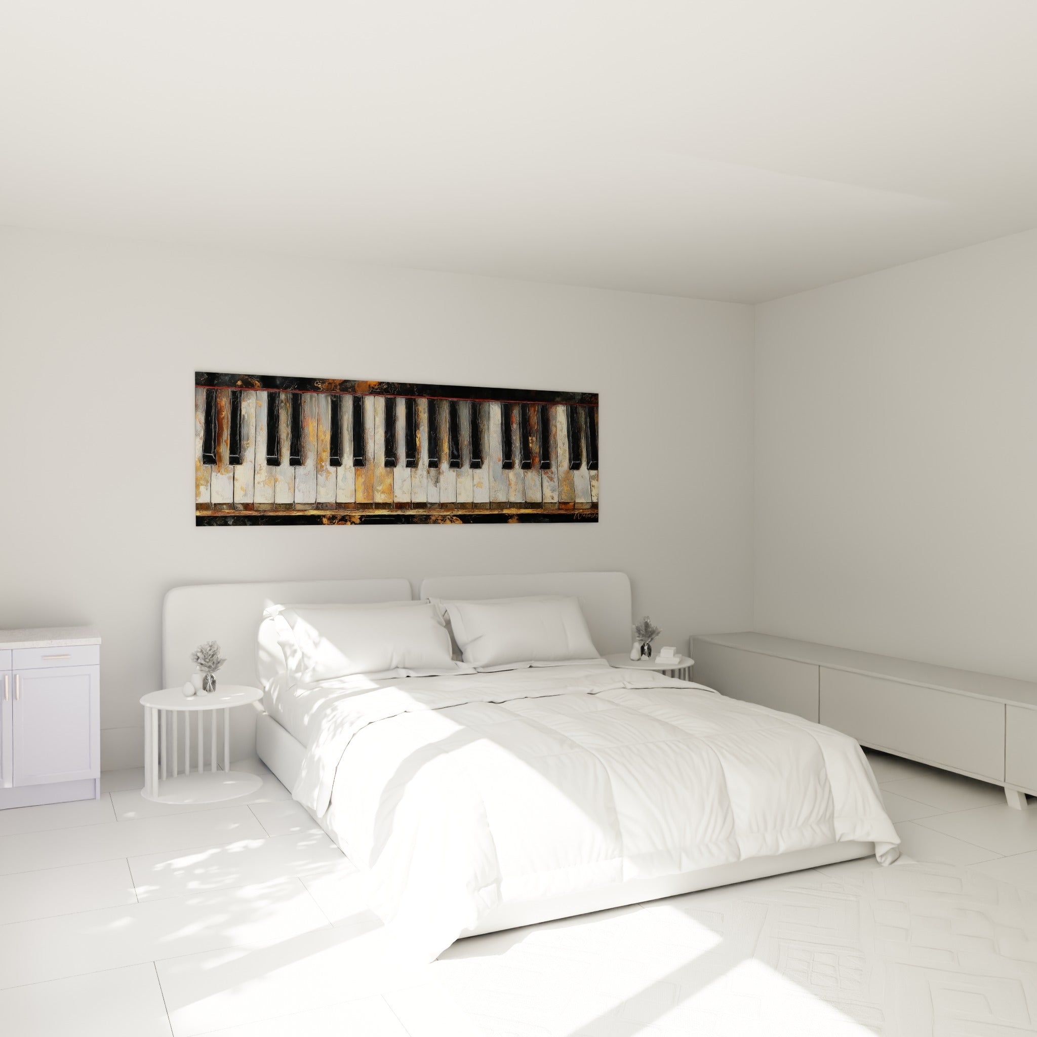 Touches noires et blanches marquées de doré, tableau Musique au-dessus d'un lit dans une chambre claire