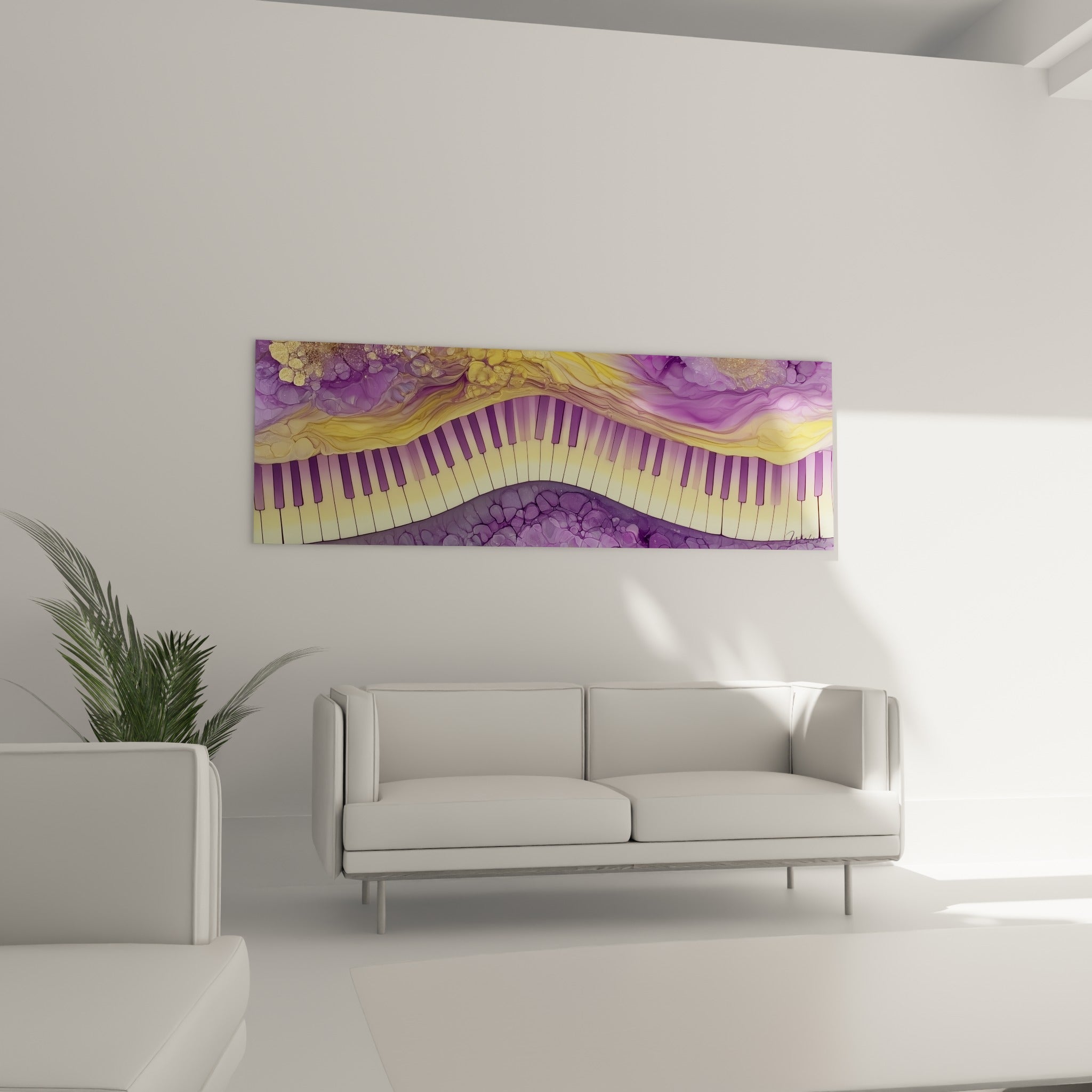 Touches de piano dorées et mauves en mouvement fluide, suspendues au-dessus d'un canapé dans un salon lumineux.