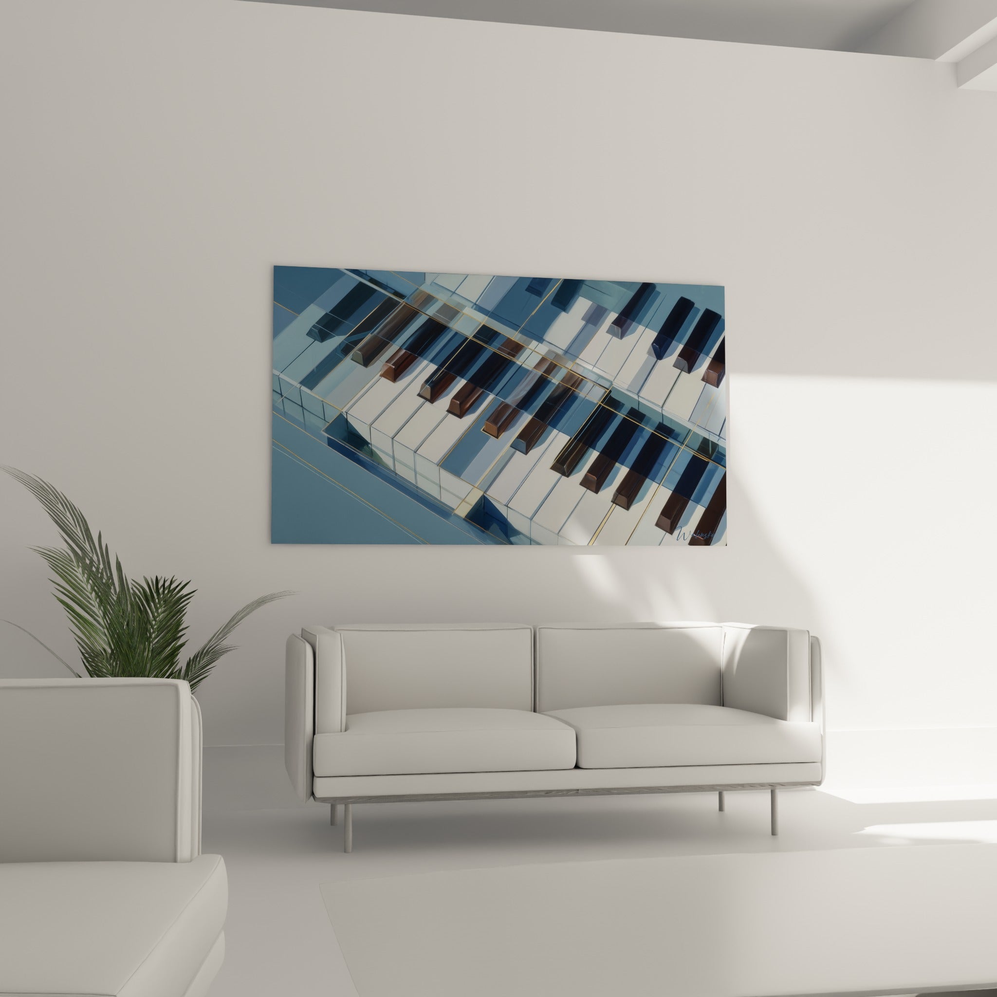Clavier musical doré et bleu marine au-dessus d'un canapé dans un salon lumineux