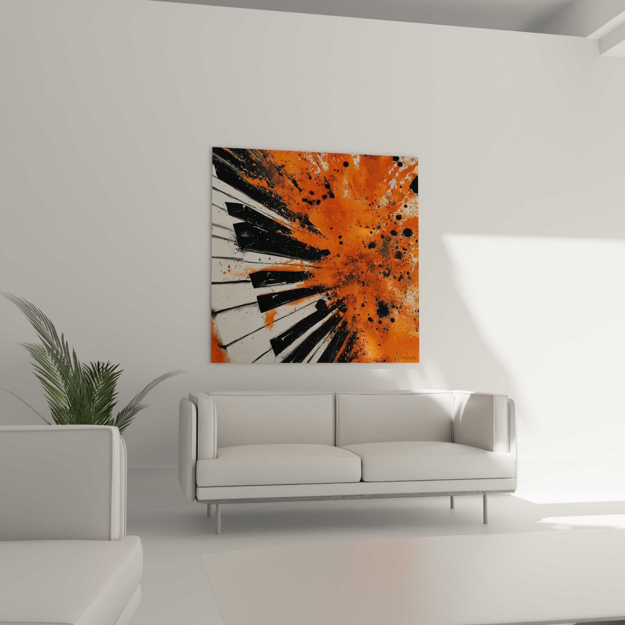 Touches noires et blanches d'un piano jaillissant vers une explosion orange, au-dessus d'un canapé dans un salon lumineux