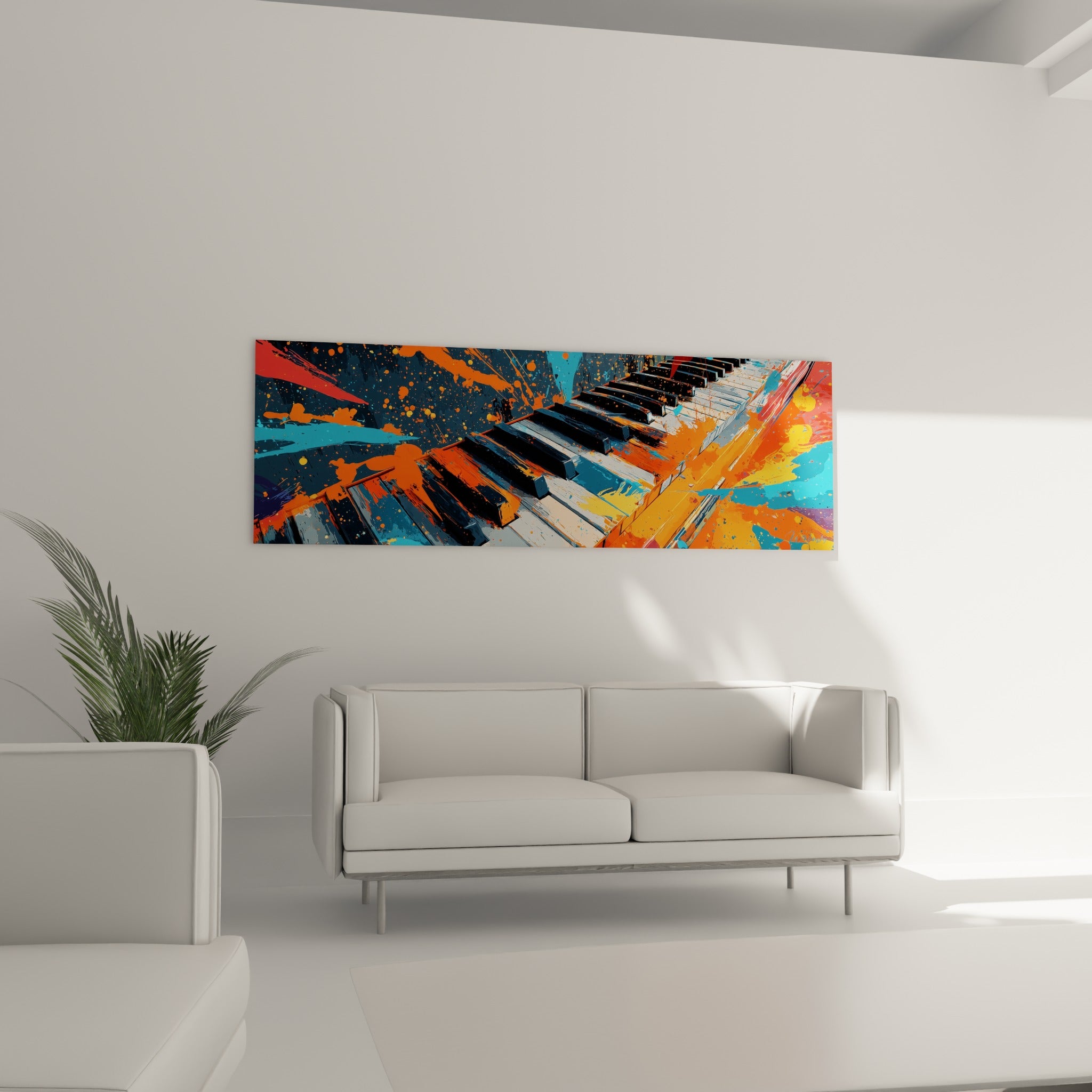 Composition musicale orange fauve et bleu profond, au-dessus d'un canapé dans un salon lumineux