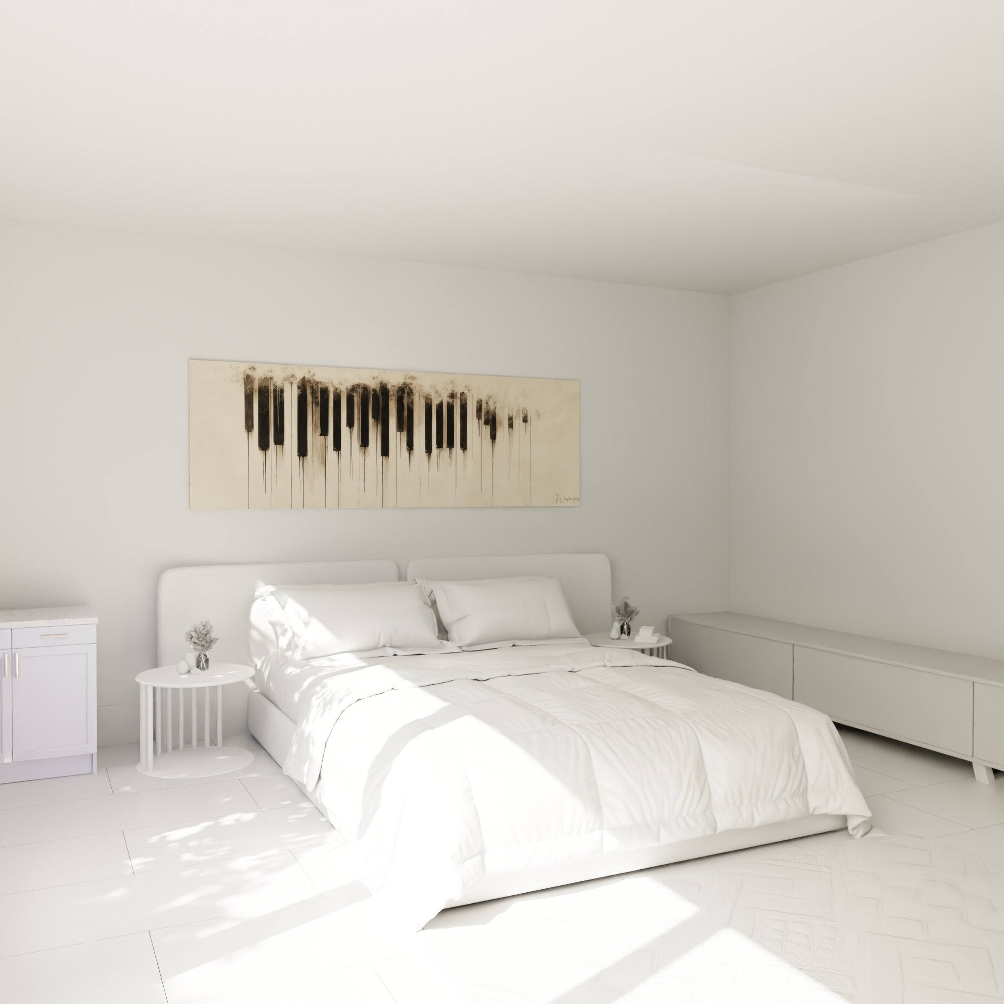 Touches de piano noires dissoutes en fumée sur fond ivoire, accrochées au-dessus d'un lit dans une chambre claire