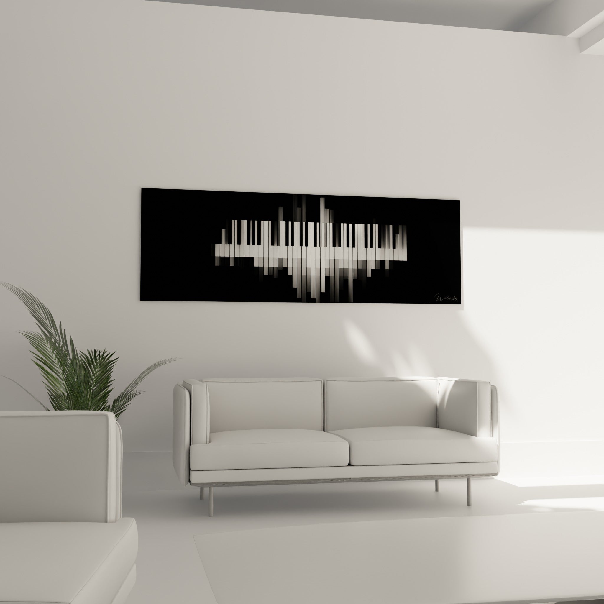 Clavier graphique noir et blanc à l'allure sculpturale, au-dessus d'un canapé dans un salon lumineux