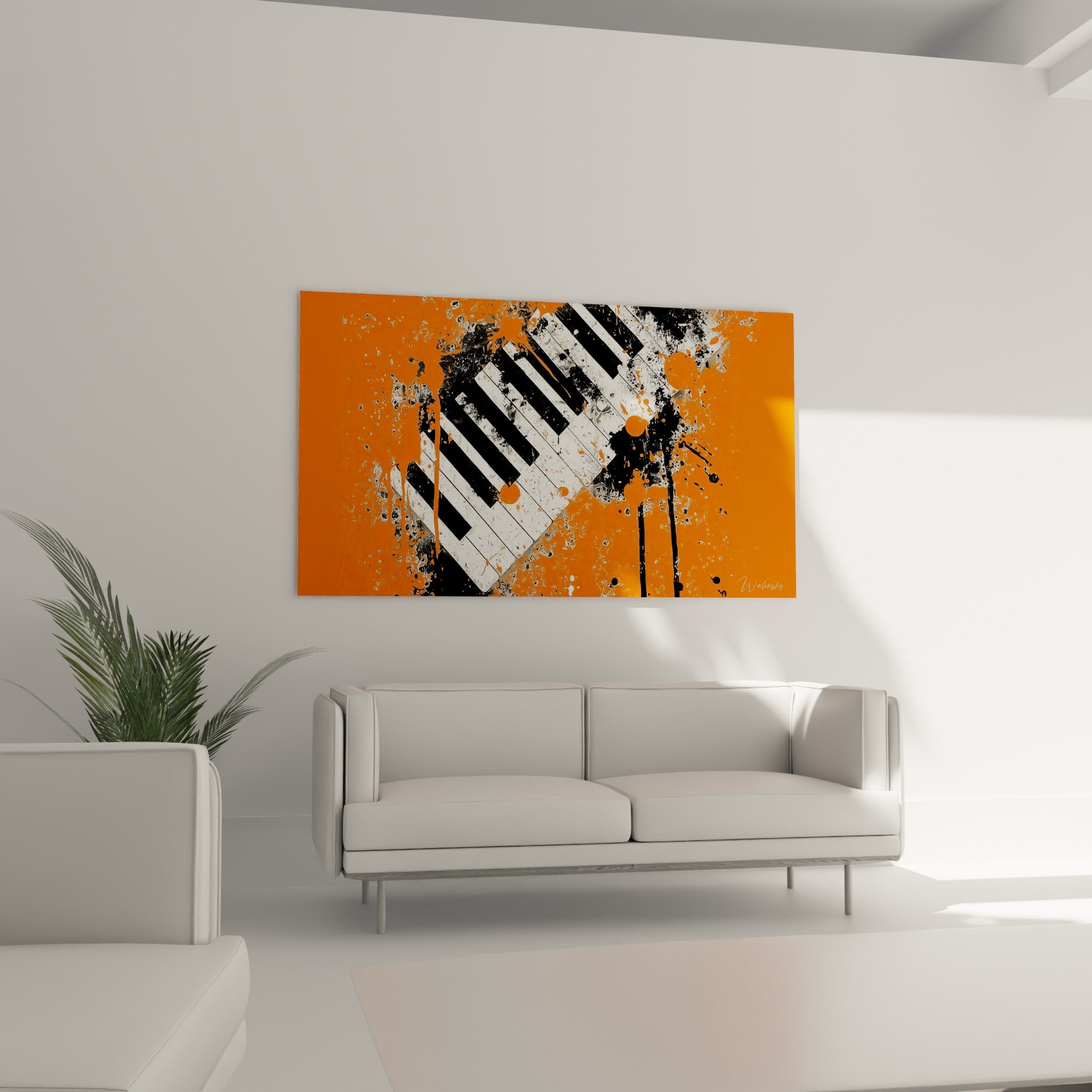 Clavier fragmenté orange et noir aux projections graphiques, au-dessus d'un canapé dans un salon lumineux